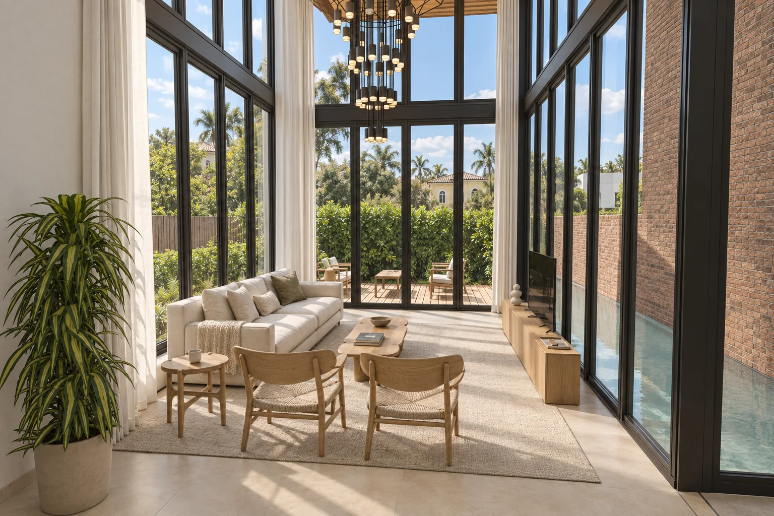 Visualización arquitectónica de Trapp House: Salón alto y cerramiento acristalado