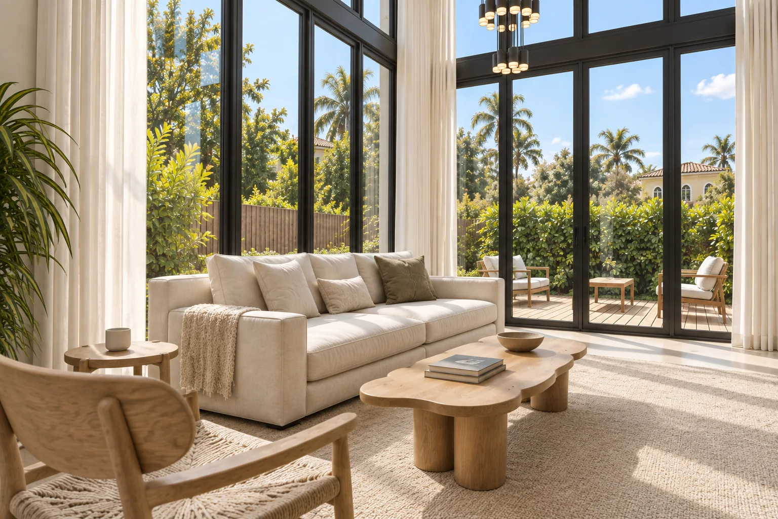 Visualización arquitectónica de Trapp House en Miami: Salón hacia el jardín