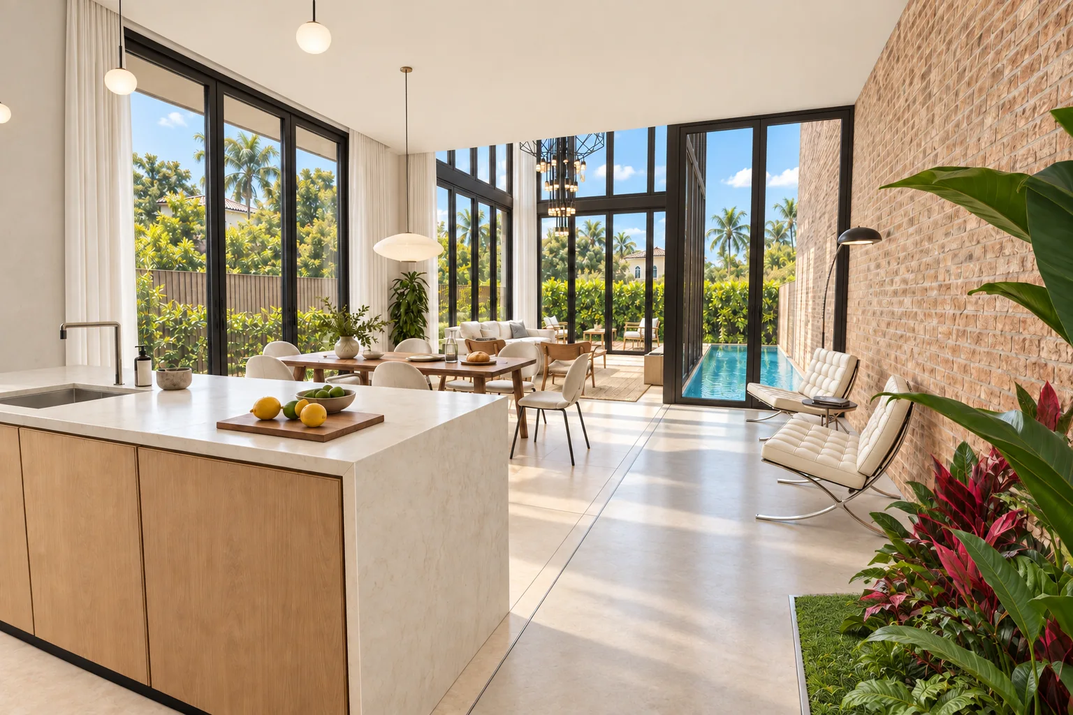 Visualización arquitectónica de Trapp House: Cocina, comedor y salón conectados