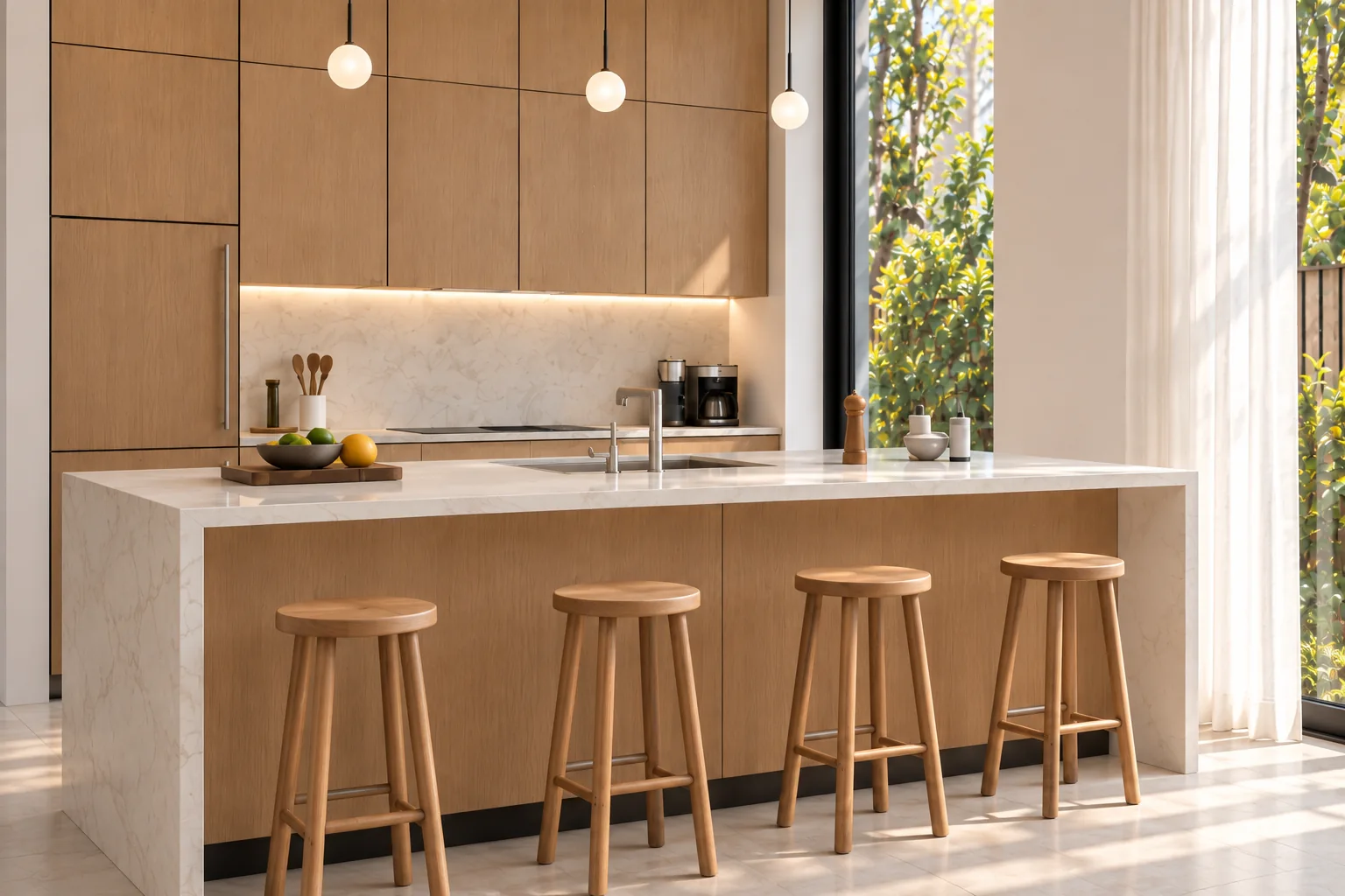 Visualización arquitectónica de Trapp House en Miami: Isla clara y taburetes de madera