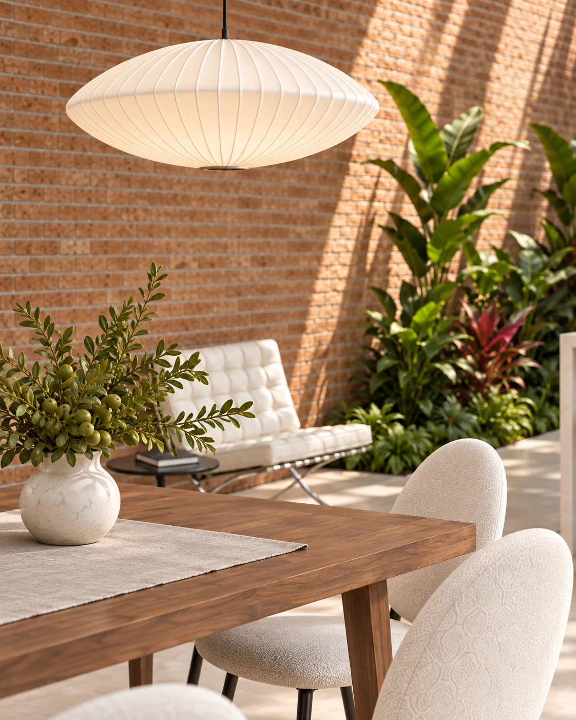 Visualización arquitectónica de Trapp House: Comedor, vegetación y textura de ladrillo