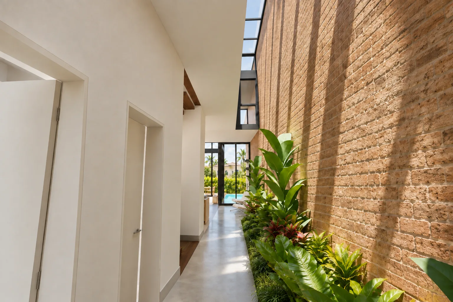 Visualización arquitectónica de Trapp House en Miami: Pasillo inferior, plantas y lucernario