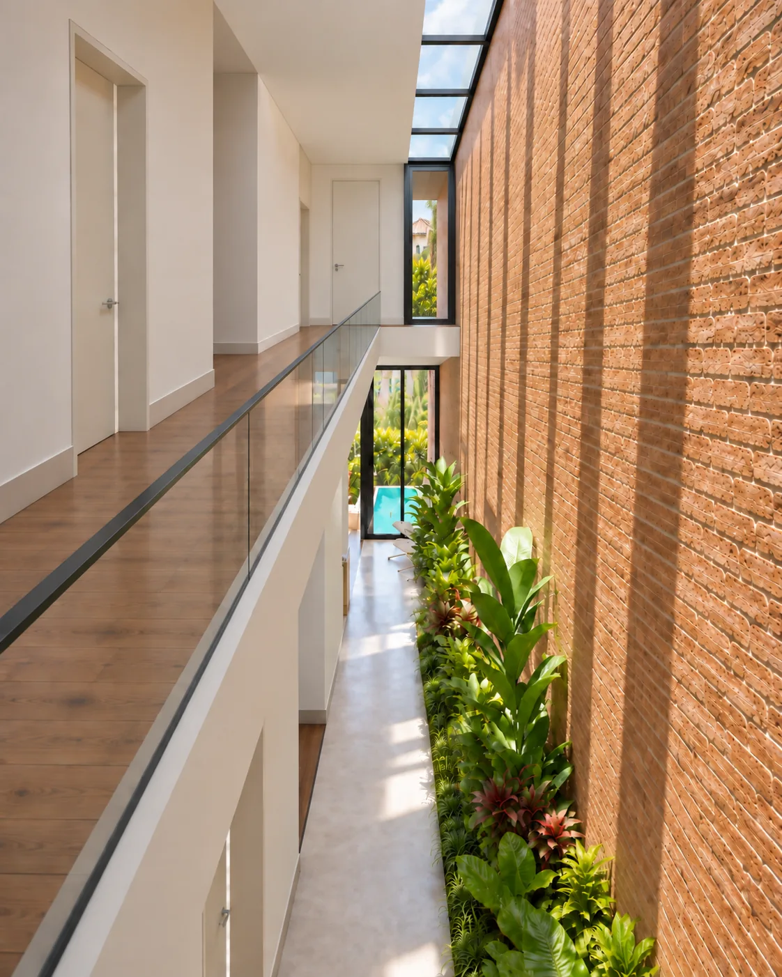 Visualización arquitectónica de Trapp House: Galería superior sobre el vacío ajardinado