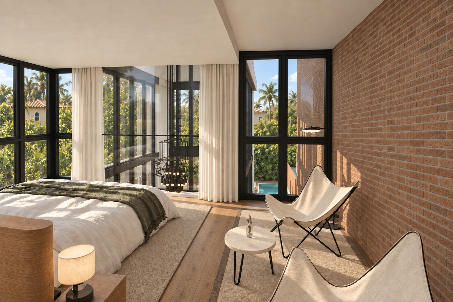 Visualización arquitectónica de Trapp House en Miami: Suite principal y rincón de lectura