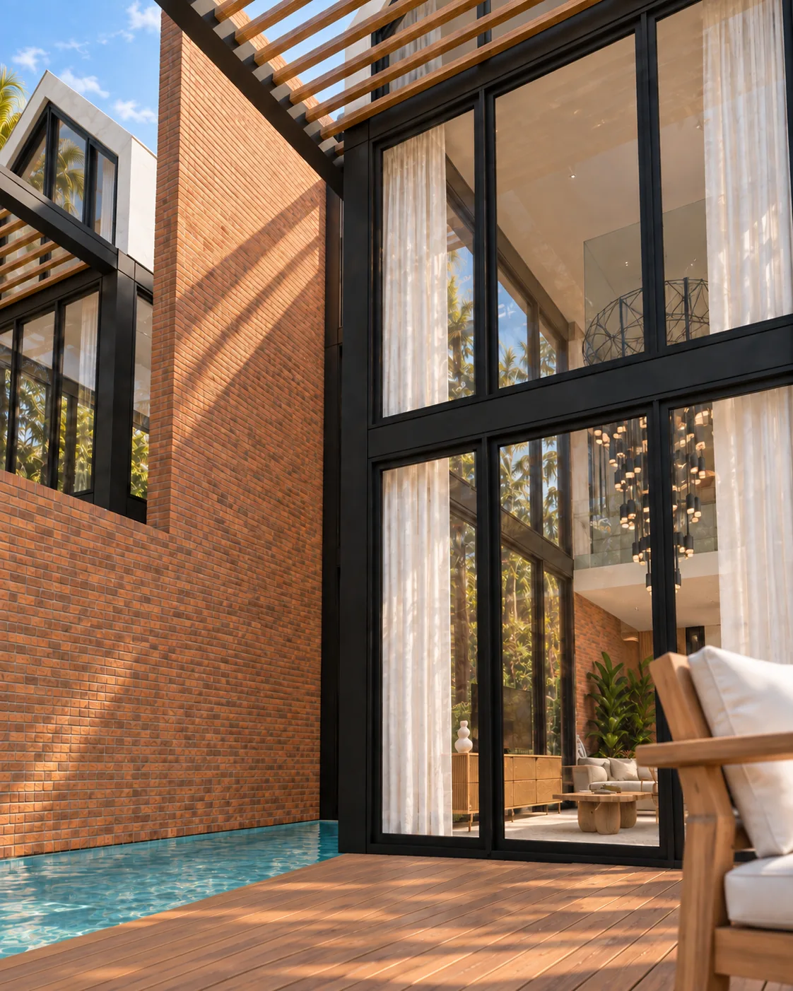 Visualización arquitectónica de Trapp House en Miami: Pérgola y grandes cristaleras del salón