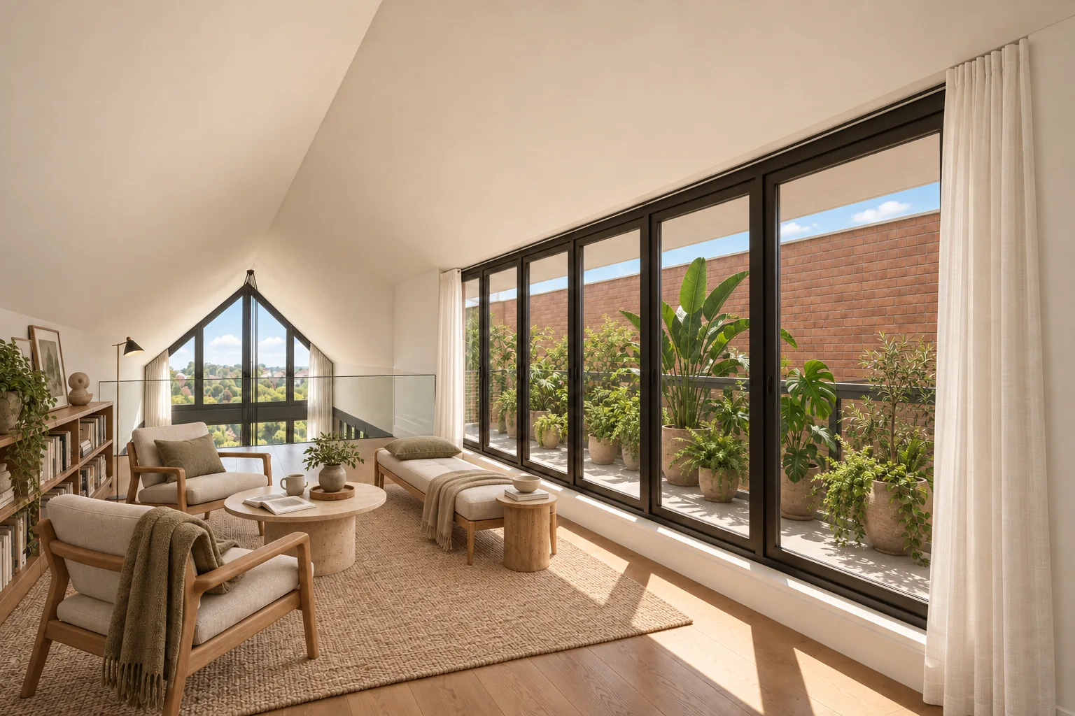 Visualización arquitectónica de Trapp House en Miami: Sala de lectura y terraza ajardinada
