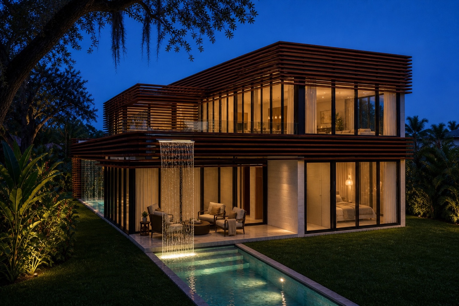 Visualización al atardecer del jardín, la piscina y la cascada de Abaco House en Coconut Grove