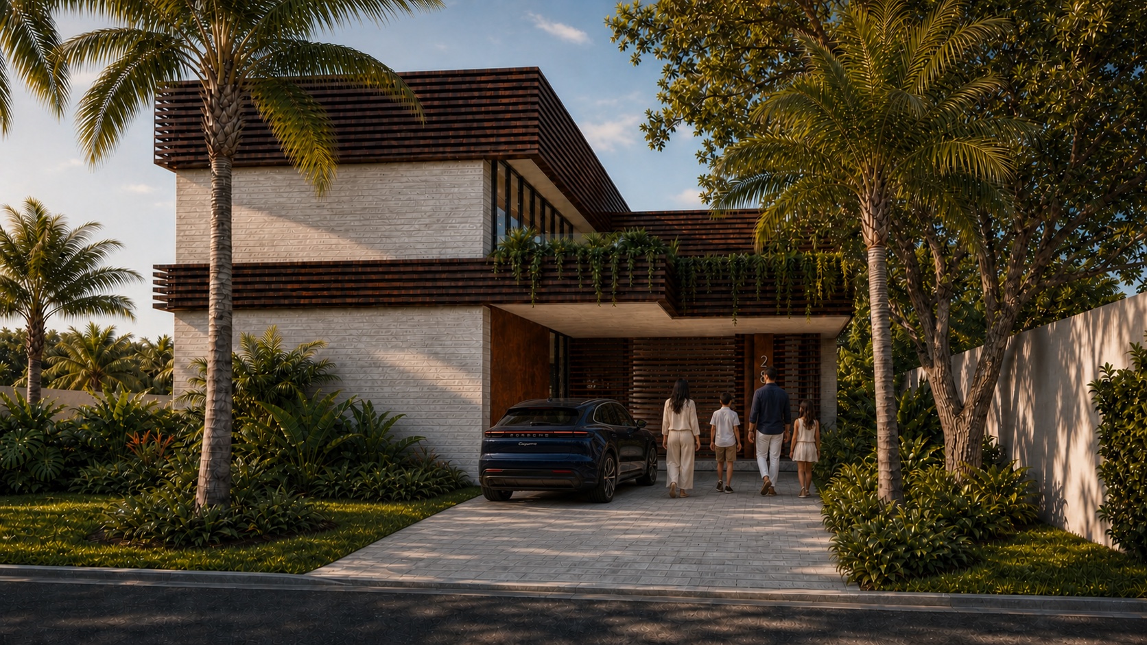 Visualización de una familia llegando a Abaco House junto a un vehículo eléctrico bajo el dosel tropical