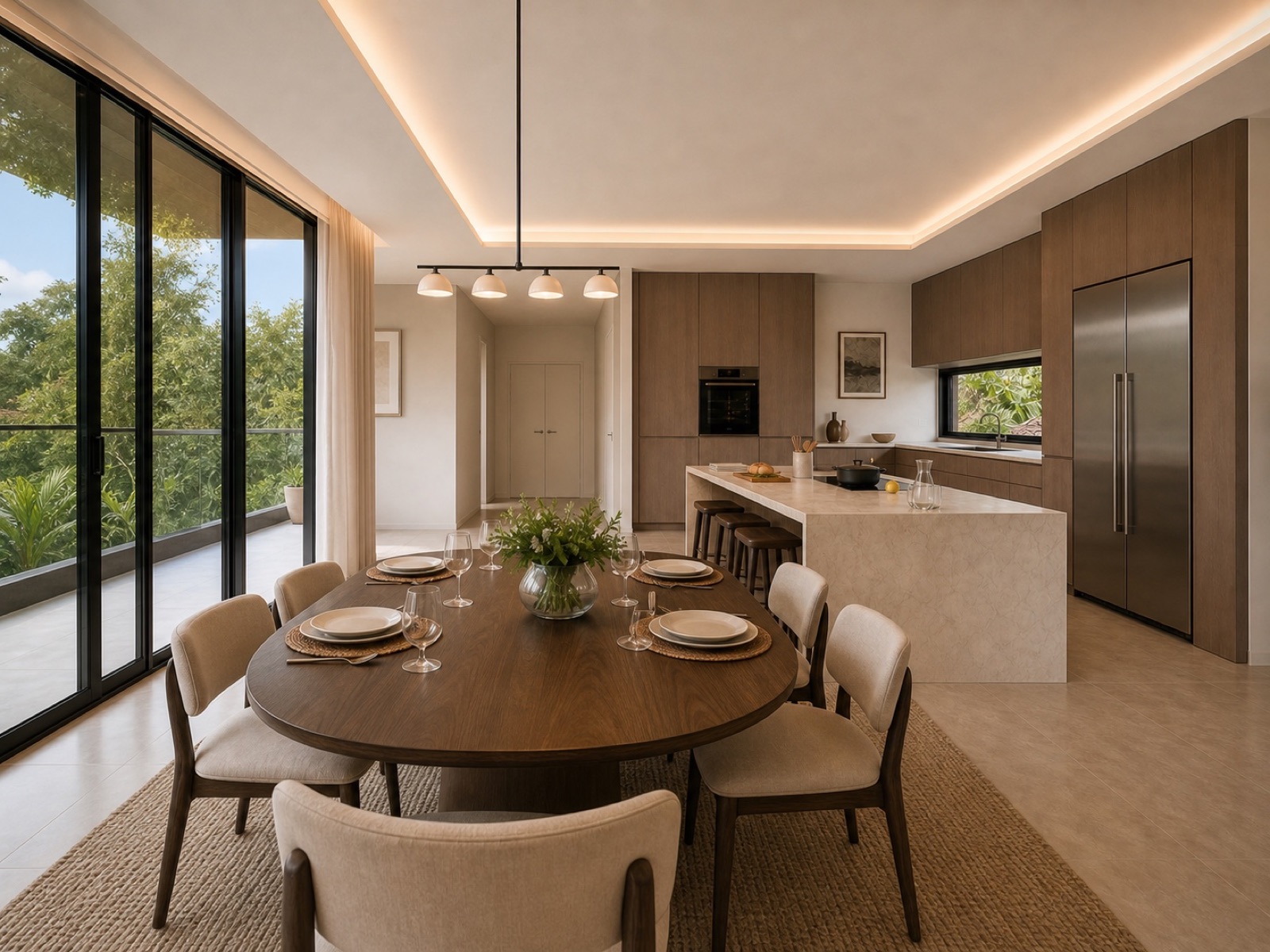 Visualización de la cocina y el comedor de Abaco House con piedra clara, madera y luz tropical
