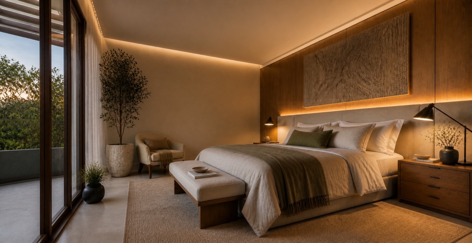 Visualización de la suite principal de Abaco House abierta hacia su terraza y piscina privada