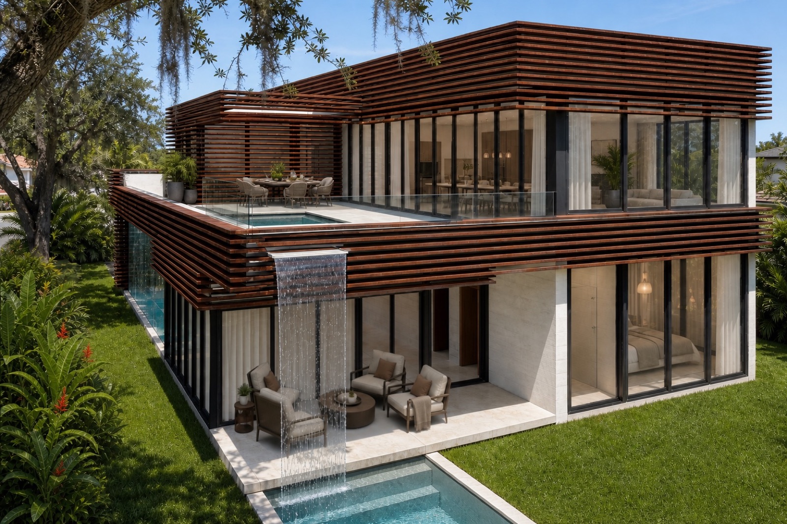 Visualización de la fachada posterior de Abaco House con piscina superior y cascada hacia el jardín