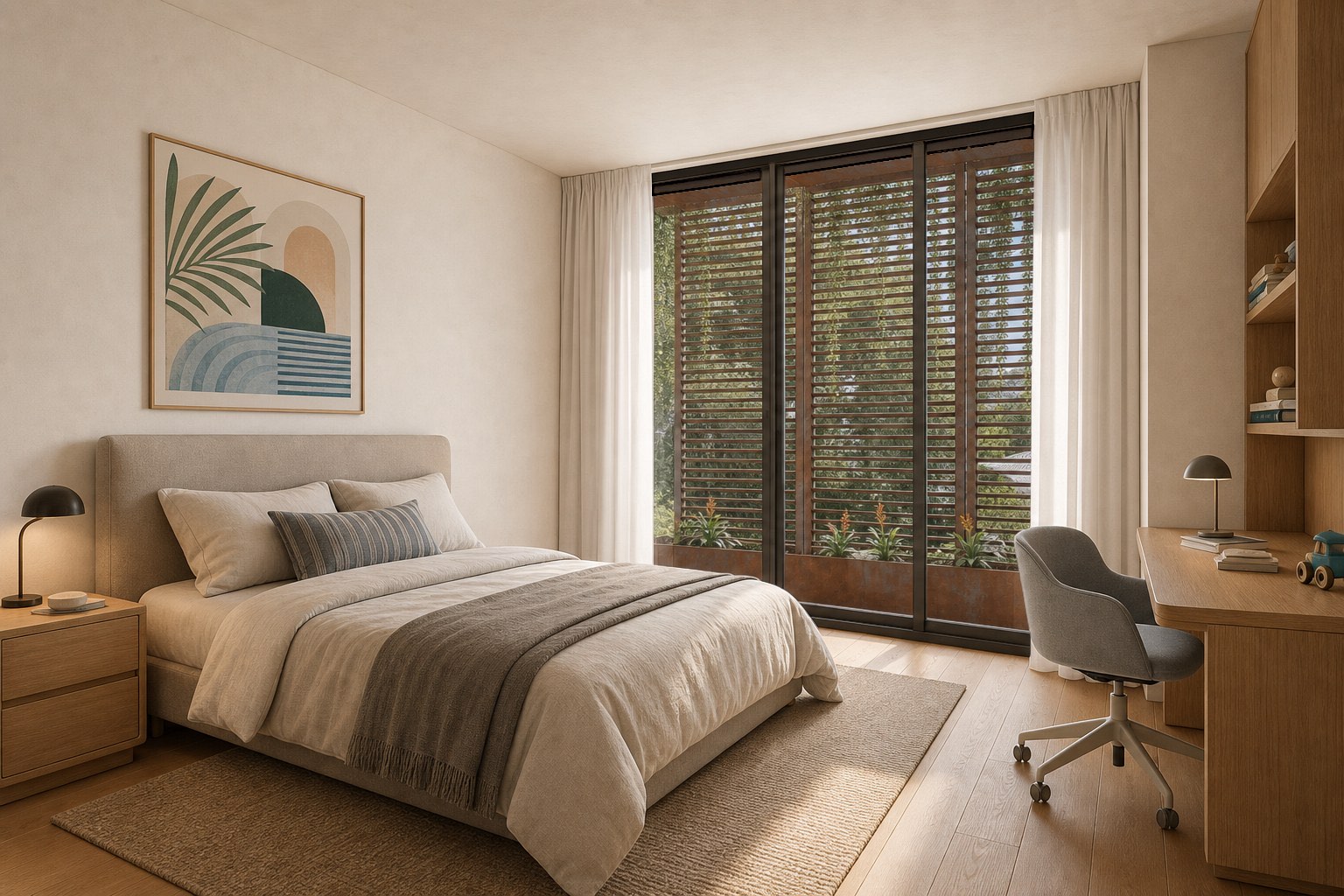 Visualización del dormitorio y espacio de trabajo de Elizabeth Street Residence