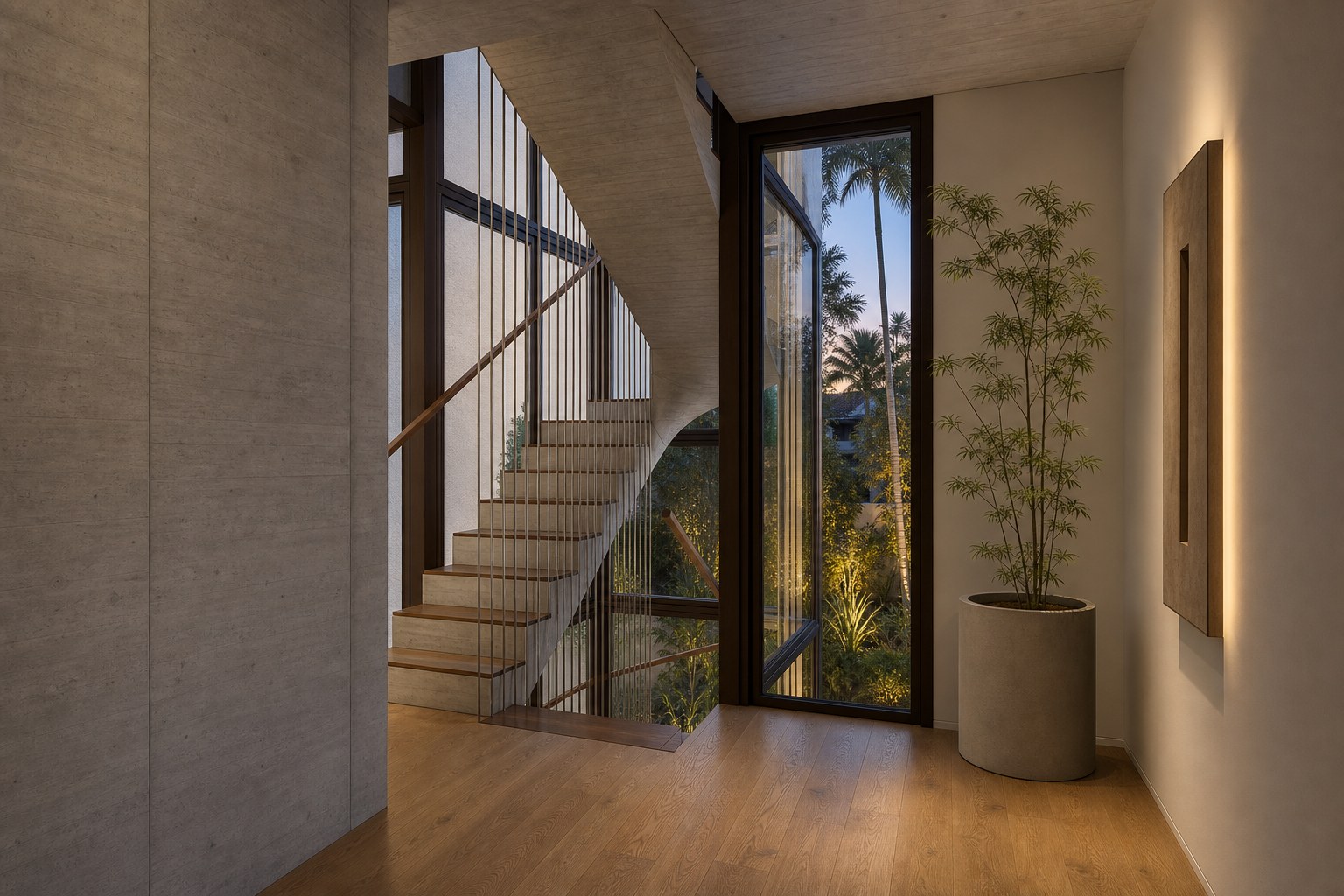 Visualización de la escalera central escultórica de Elizabeth Street Residence