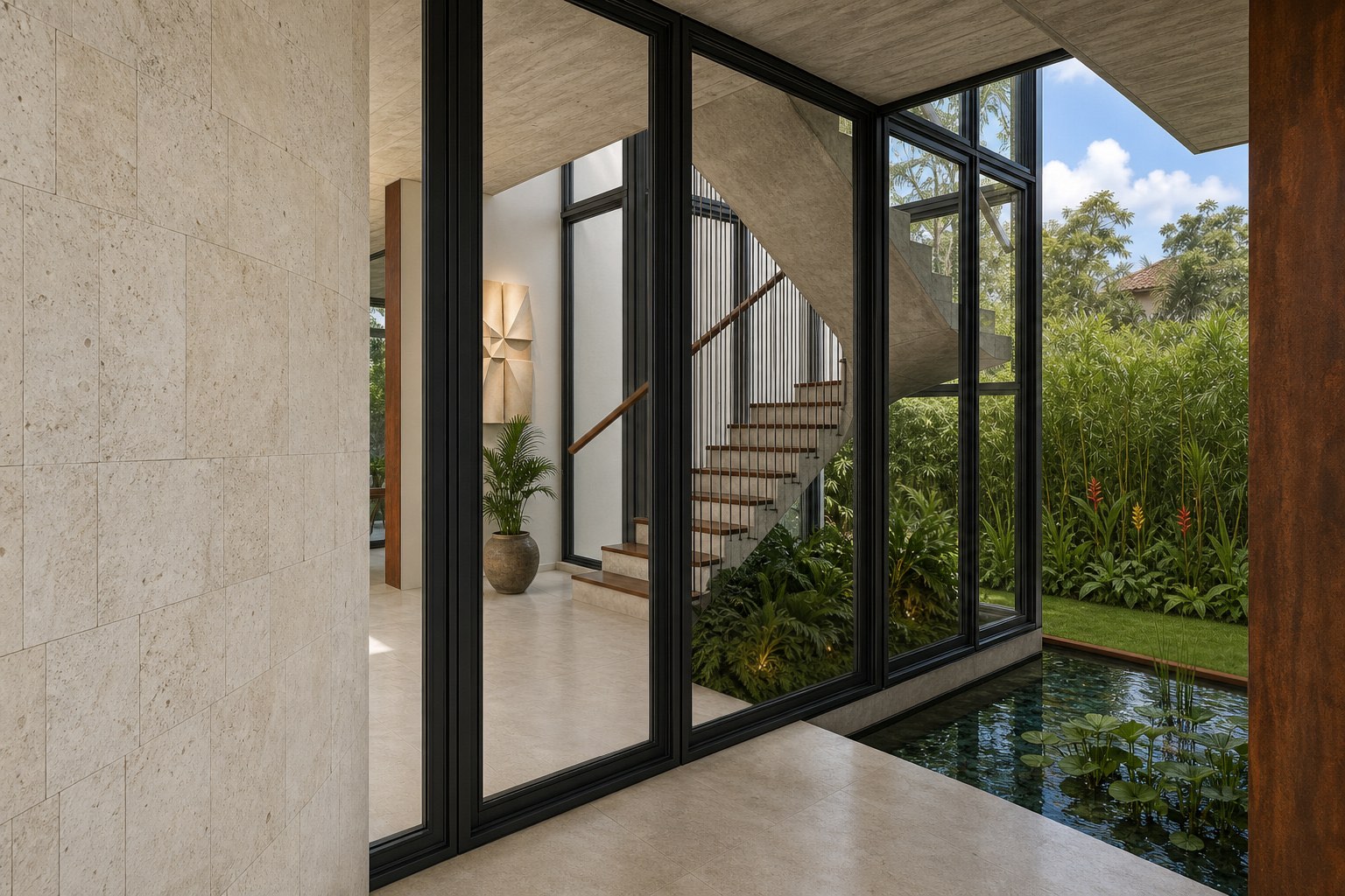 Visualización arquitectónica del patio de agua y la secuencia de entrada filtrada diseñada para Elizabeth Street Residence en Miami.