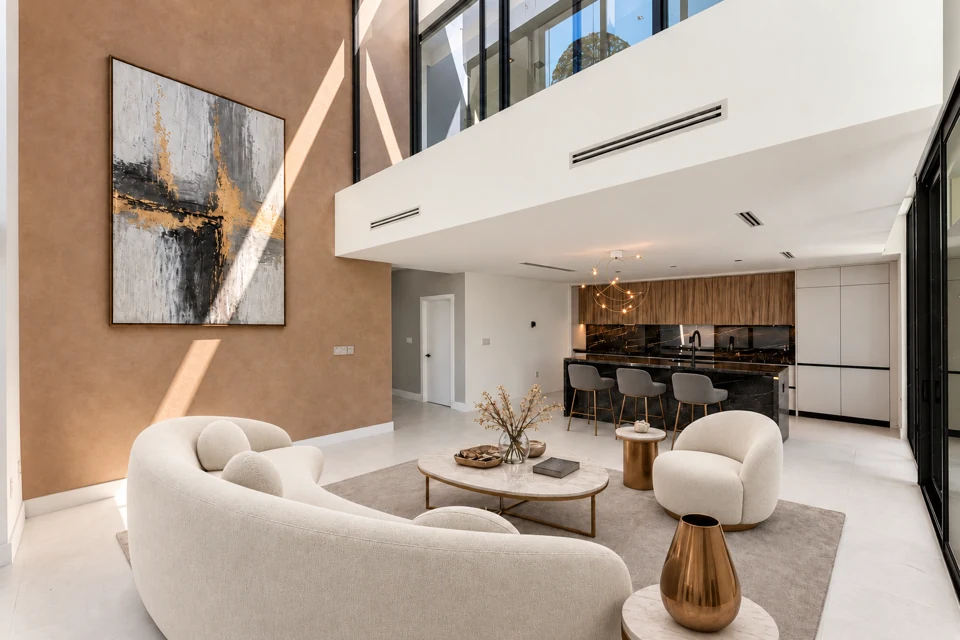Propuesta del estudio: Salón · Paleta mineral y lino