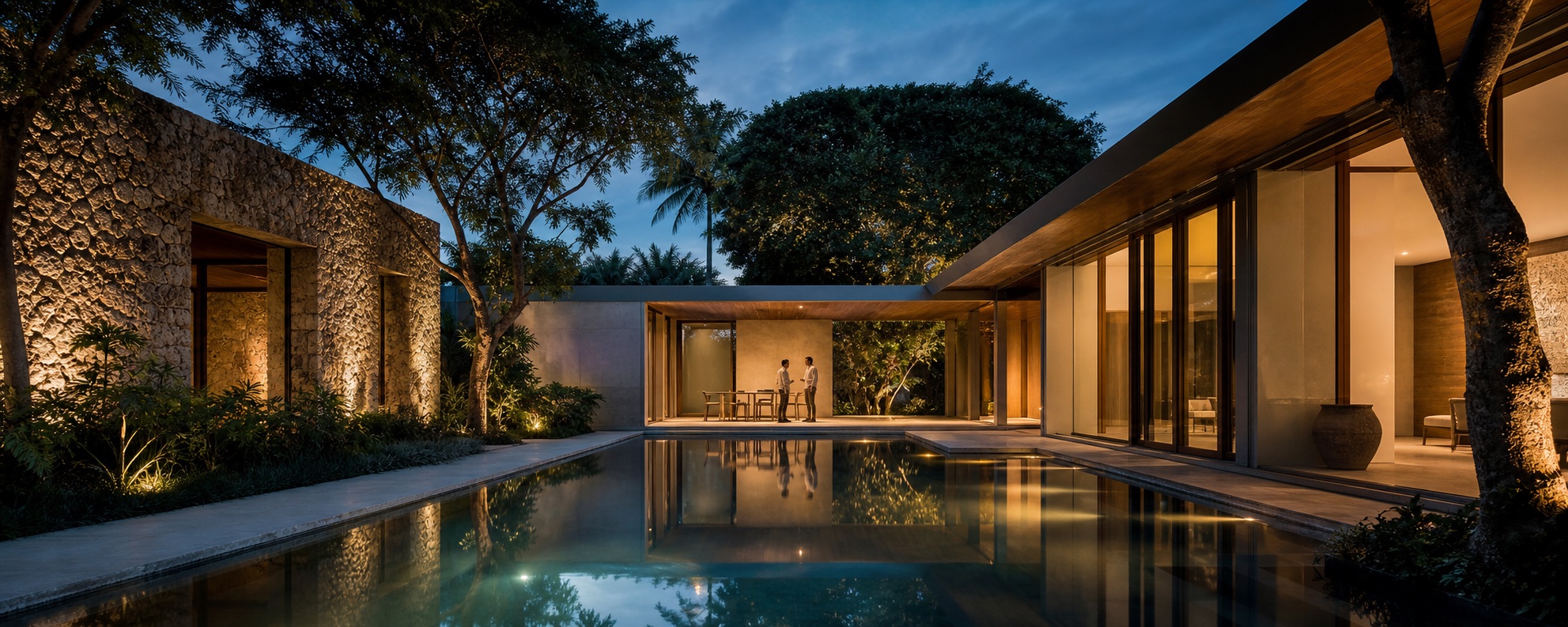 Arquitecto y cliente concluyendo la revisión de una propiedad tropical contemporánea en Miami