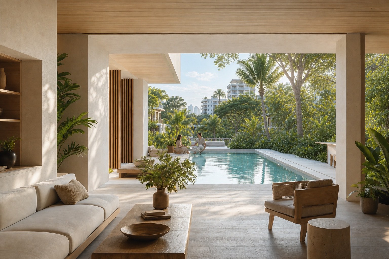 Entorno ESSENCE completo que integra arquitectura, espacio interior, agua, paisaje tropical, contexto de Miami y vida humana