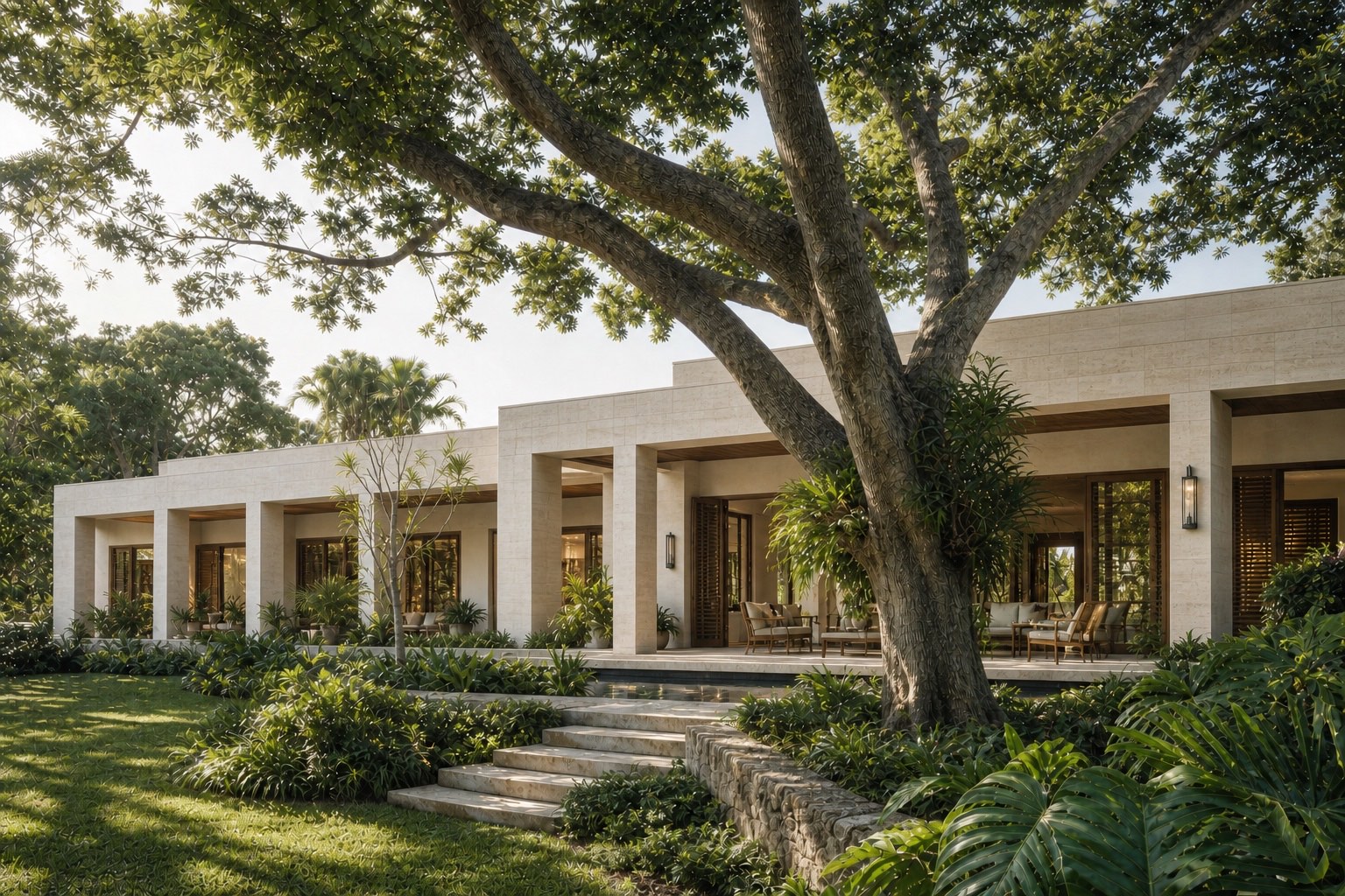 Casa atemporal de piedra caliza organizada alrededor de un árbol maduro y arraigada en un jardín tropical