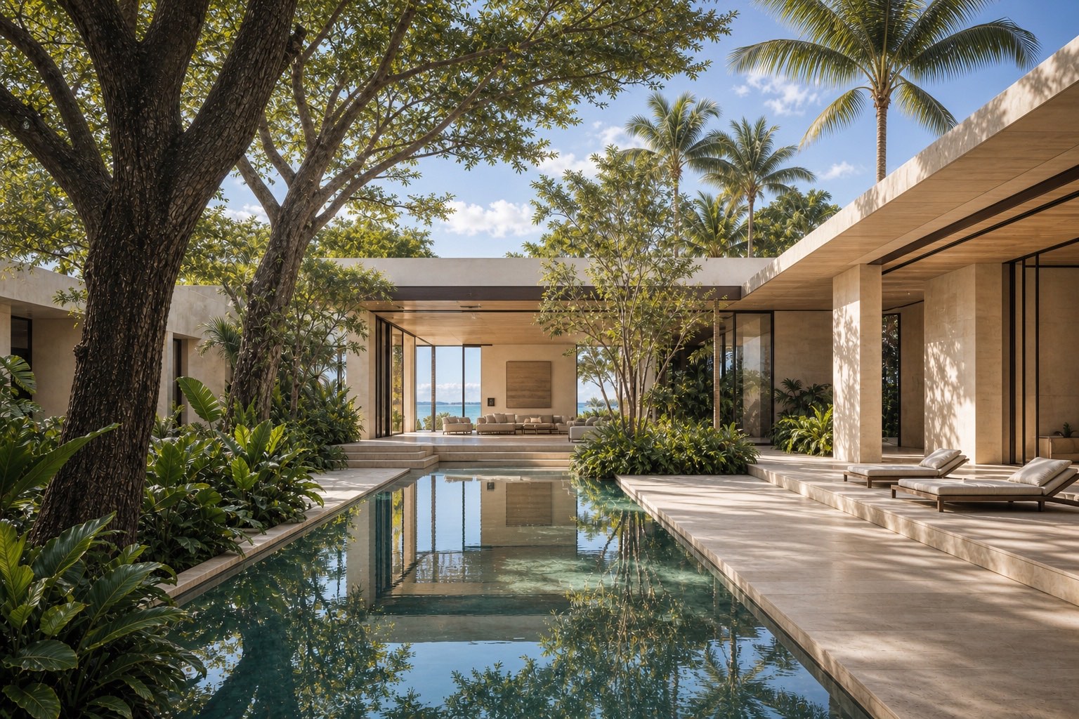 Casa a medida waterfront organizada mediante sombra, paisaje y agua en Miami — imagen conceptual