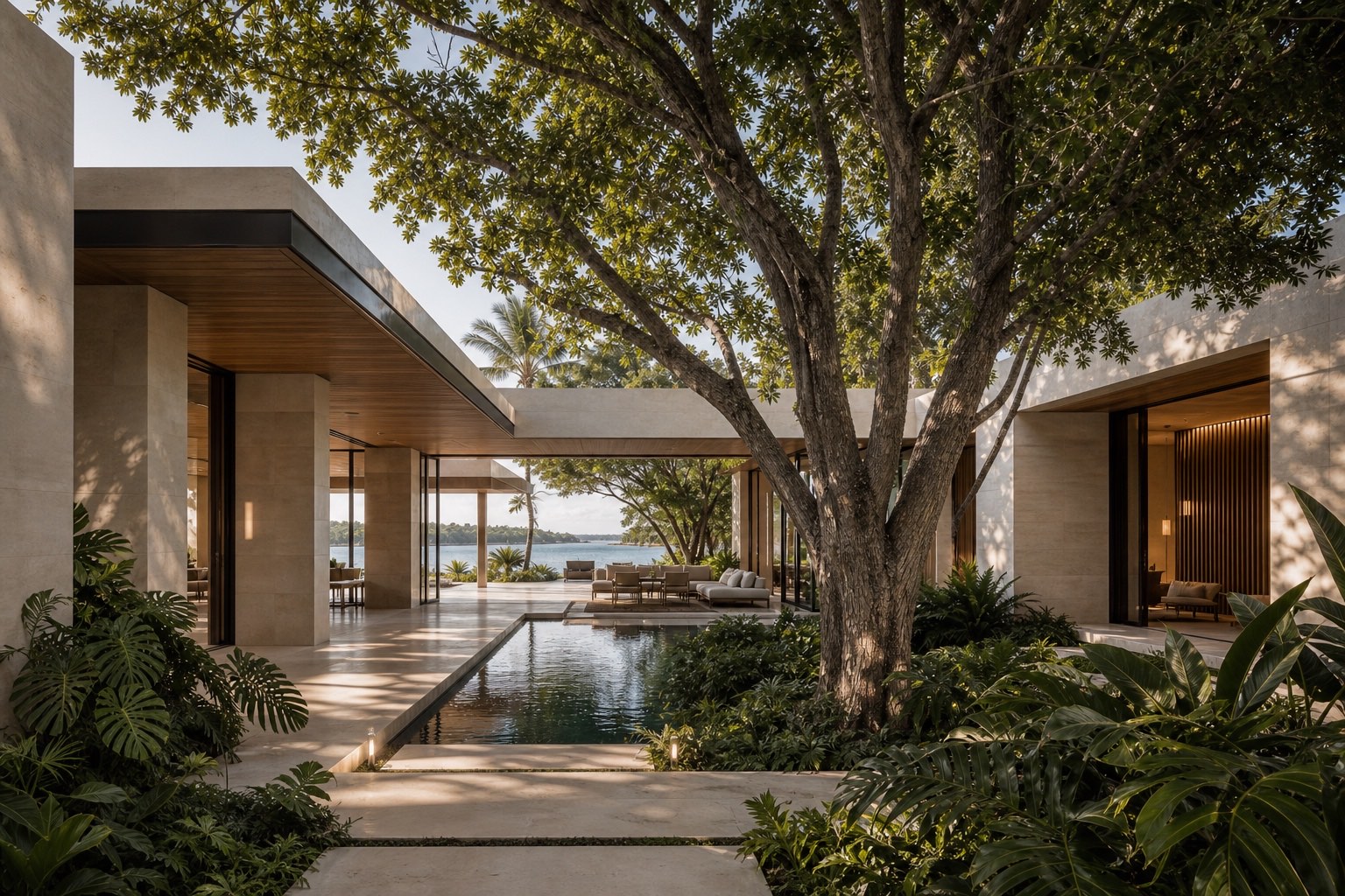 Casa ESSENCE conceptual y única en Miami organizada alrededor de un árbol maduro, un patio sombreado y el agua