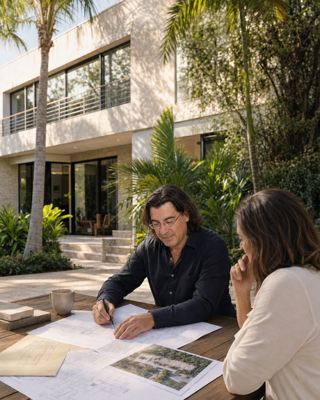 El arquitecto Joaquín Fernández revisando planos y condiciones existentes con una propietaria en Miami