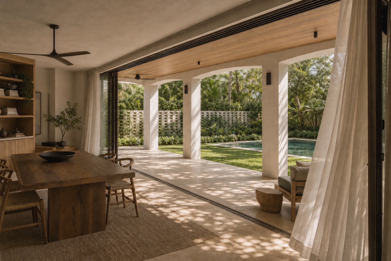 Comedor reformado en Miami completamente abierto a una terraza sombreada, jardín tropical y piscina con ventilación cruzada natural