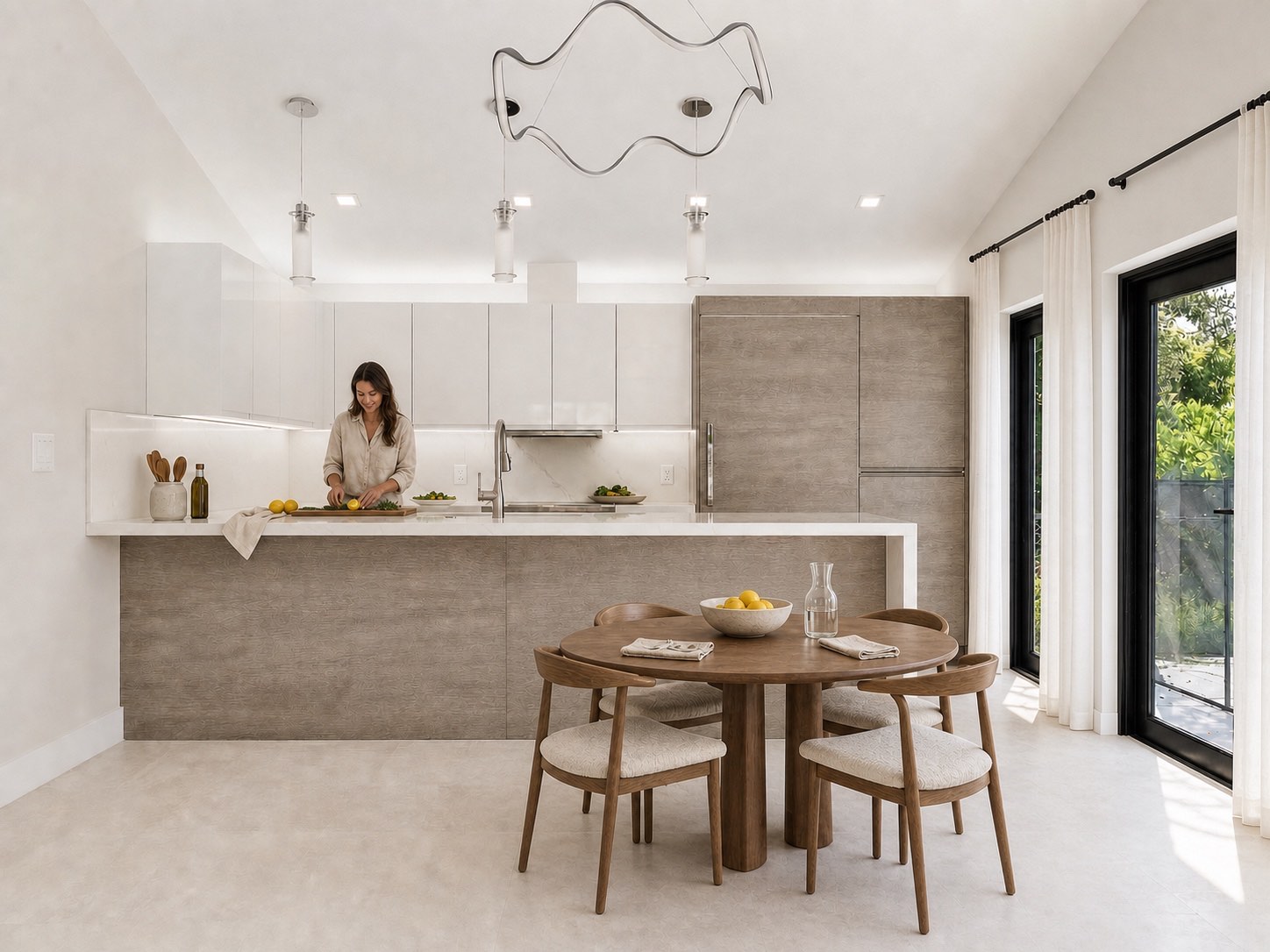 Cocina y comedor de Frow Avenue con carpintería clara, iluminación escultórica y puertas hacia el jardín