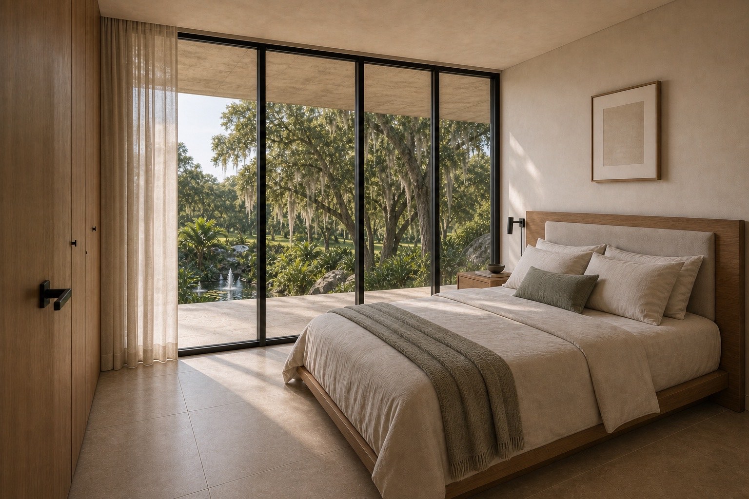 Dormitorio de Loxahatchee House con vistas privadas al jardín tropical