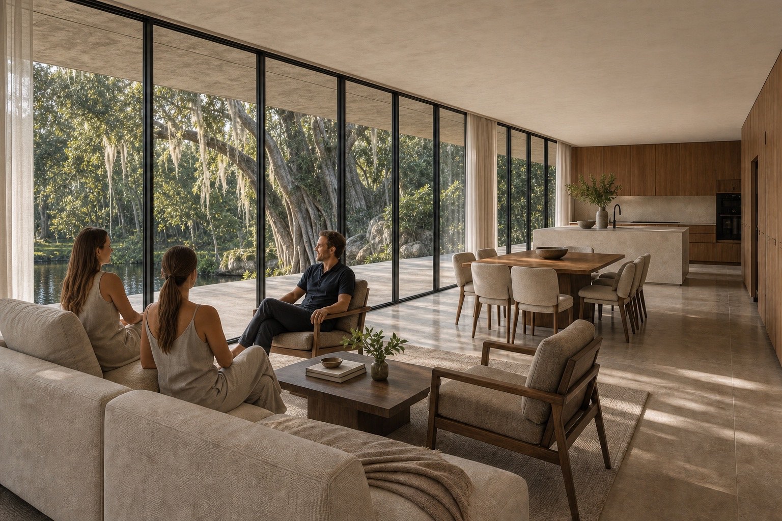 Visualización arquitectónica del salón, comedor y cocina de Loxahatchee House abiertos hacia el lago mediante grandes huecos protegidos.