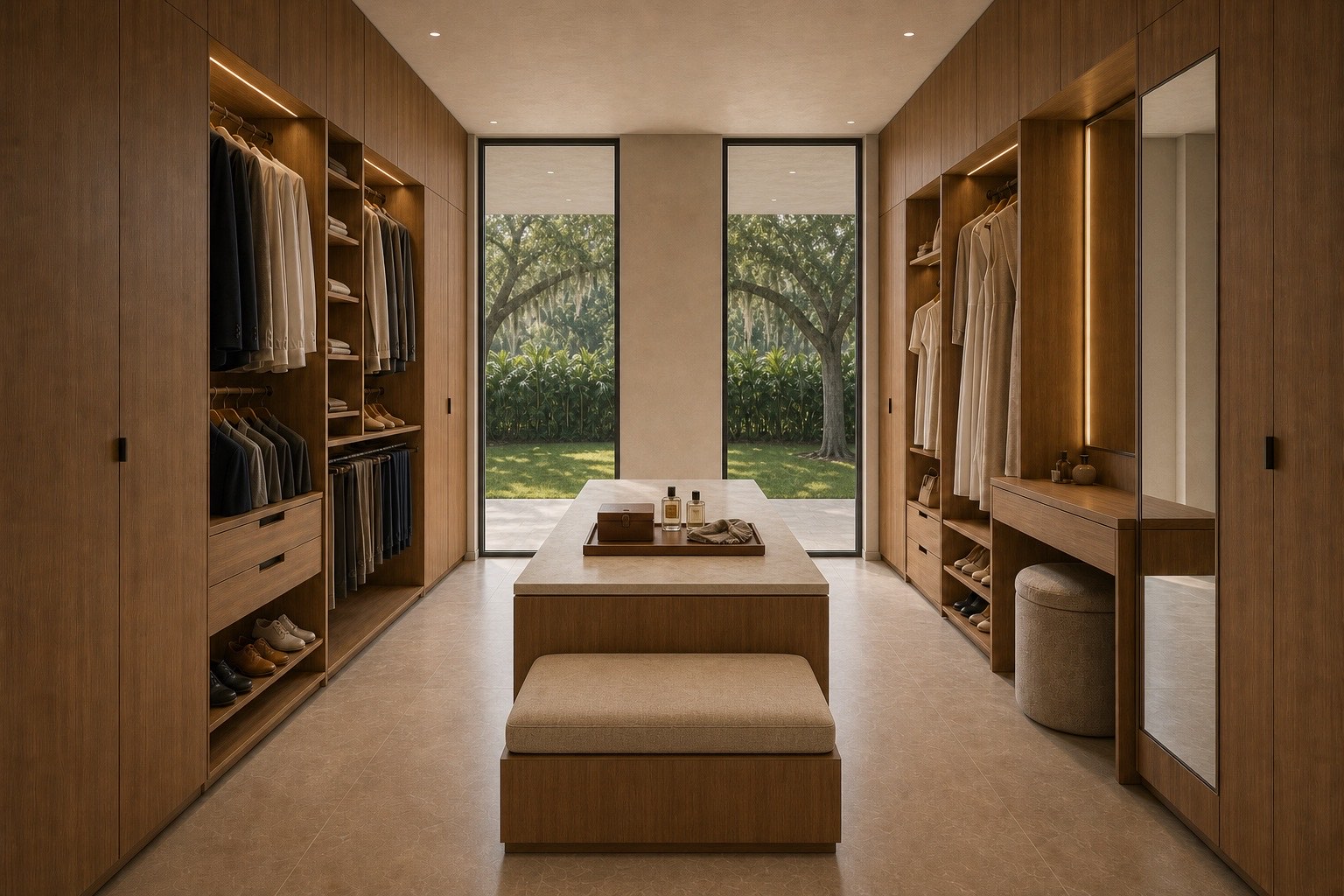 Vestidor a medida en madera abierto hacia el jardín en Loxahatchee House