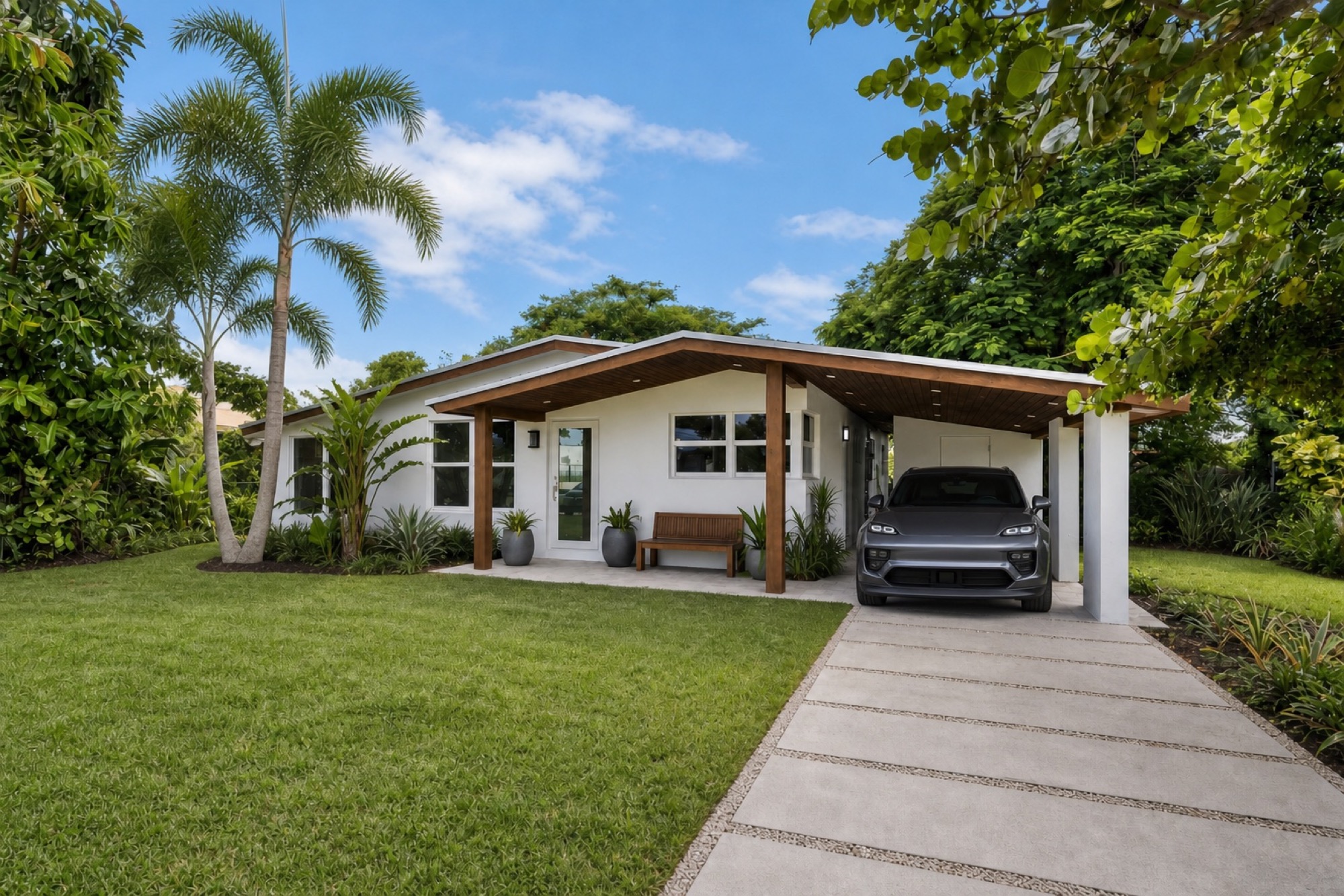 Fachada reformada de Oakland Park House con porche de madera y Porsche Electric en la entrada