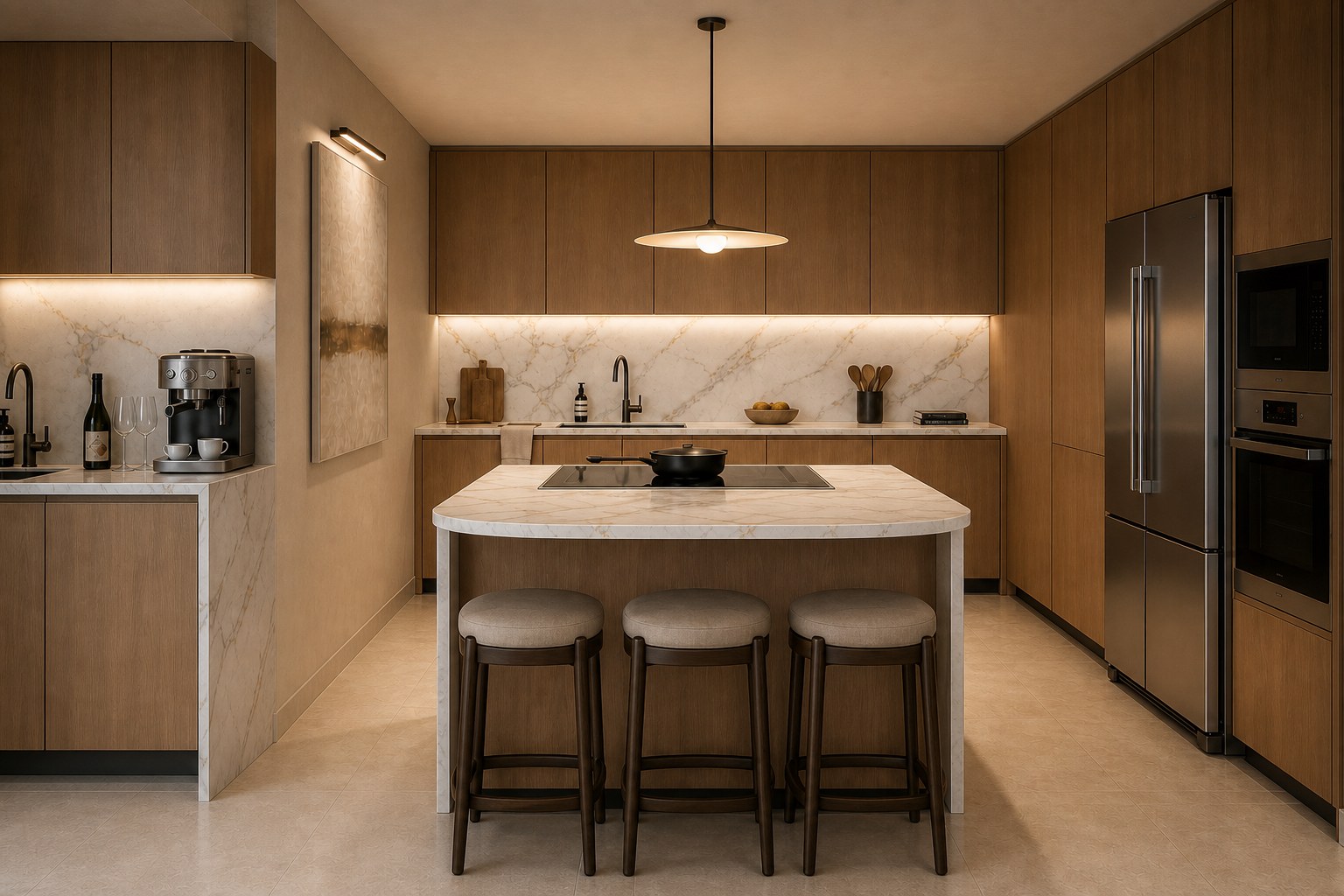 Visualización frontal de la cocina abierta de roble y piedra blanca