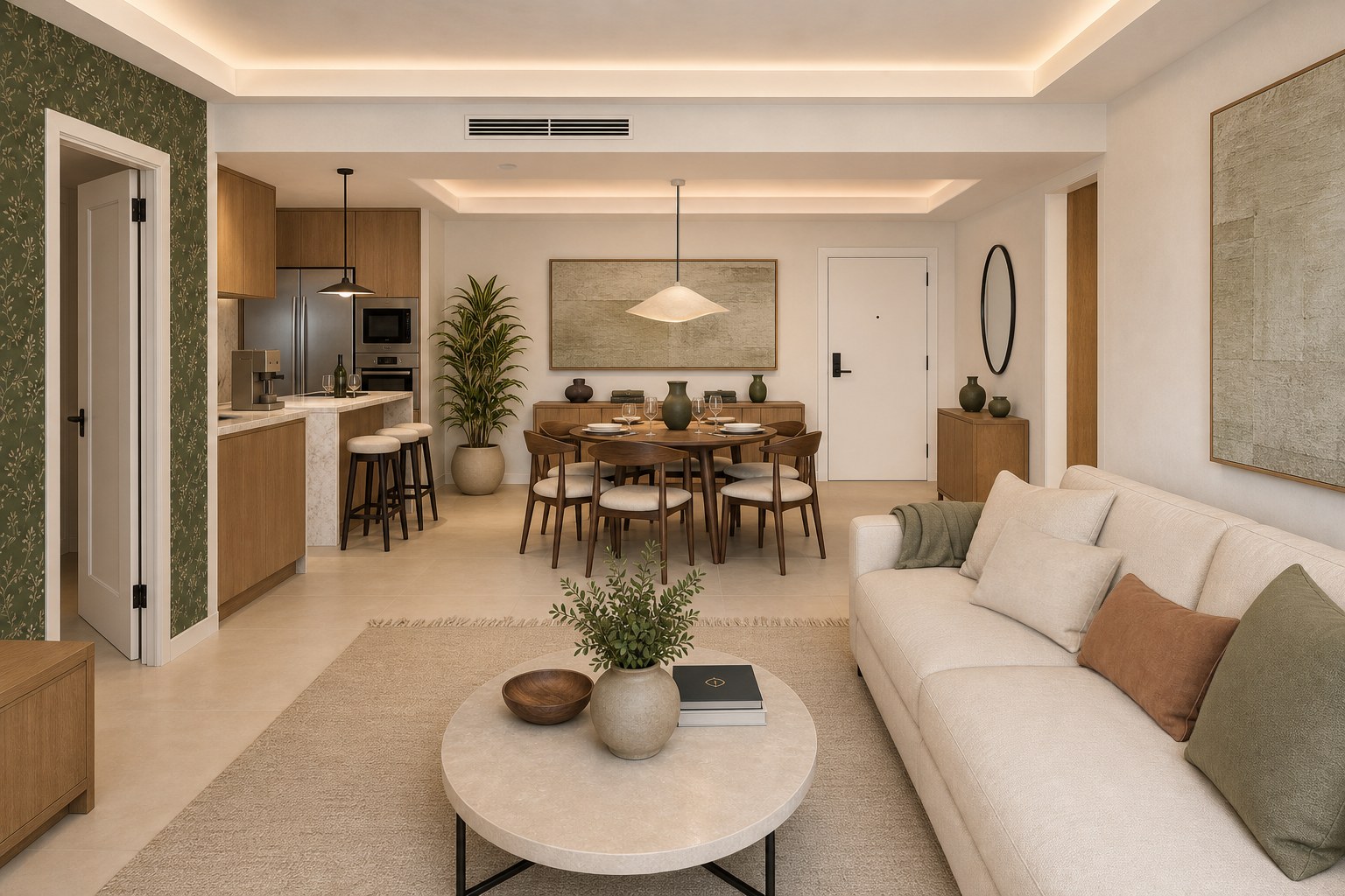 Visualización general de la planta abierta con cocina, comedor y salón en Ocean Drive Apartment