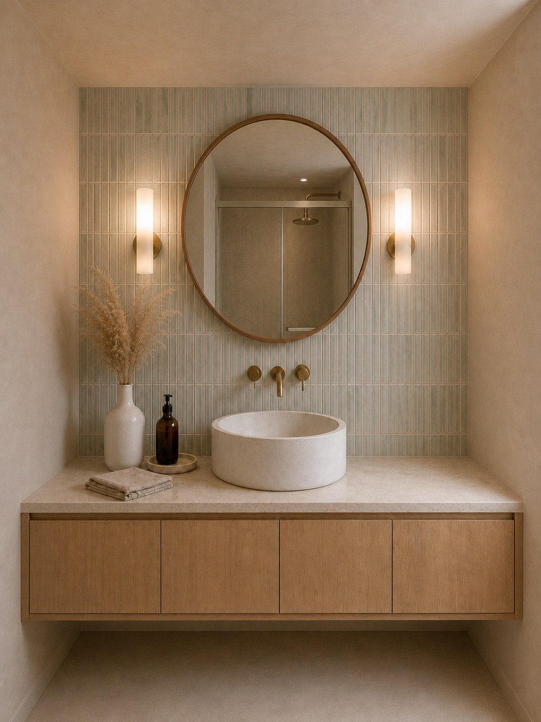 Visualización frontal del lavabo escultórico en el baño principal