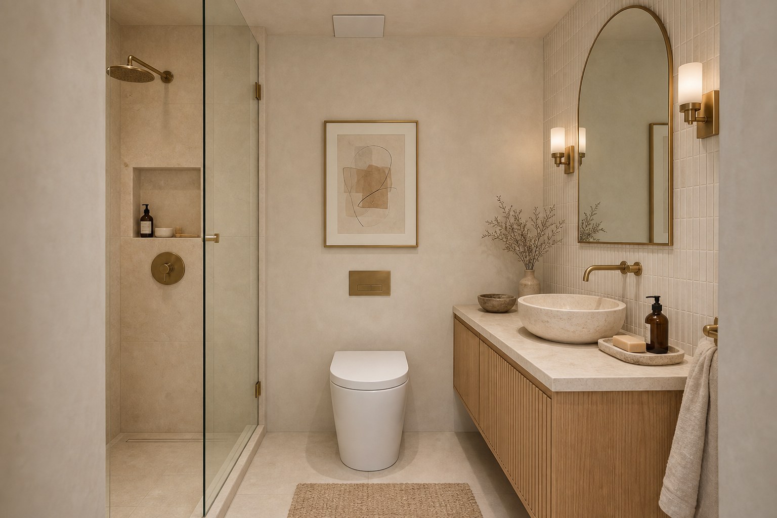 Visualización del segundo baño con materiales artesanales en tonos cálidos