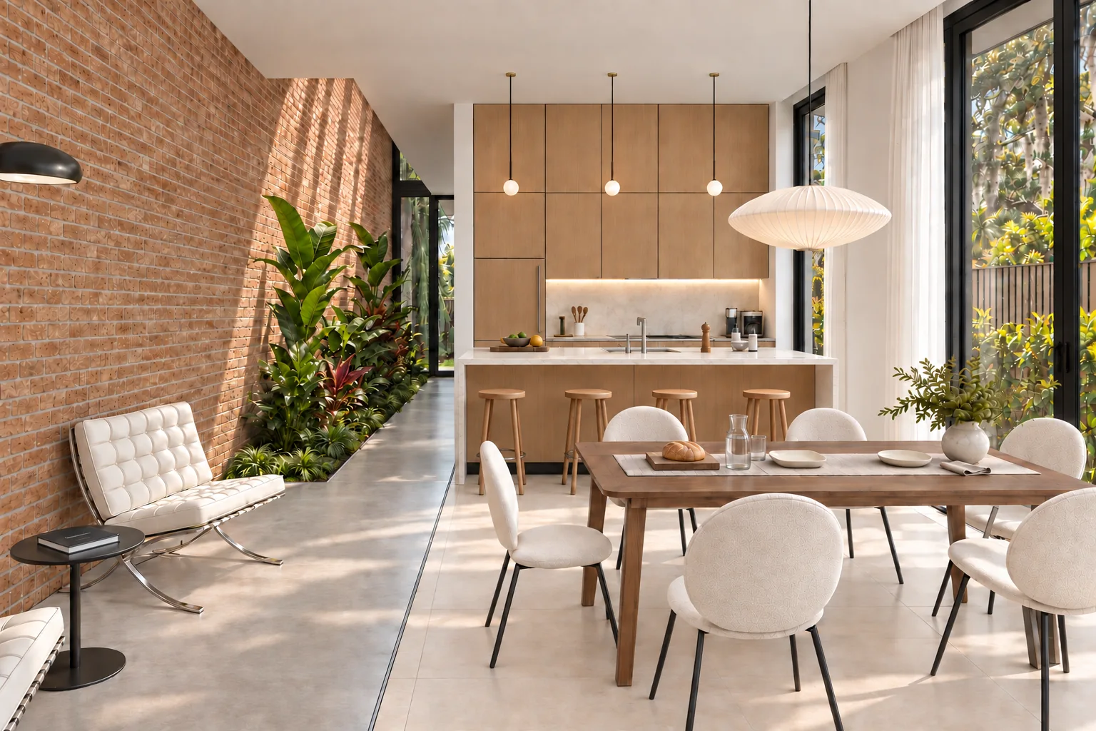 Architectural visualization of Trapp House in Miami: Dining beside the planted brick wall