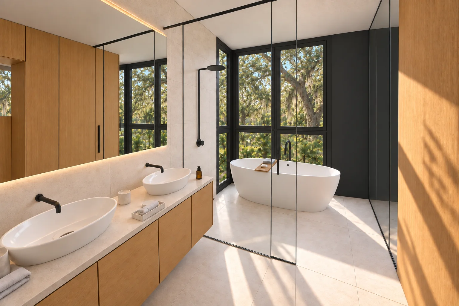 Architectural visualization of Trapp House in Miami: Bathroom, double basins and tub