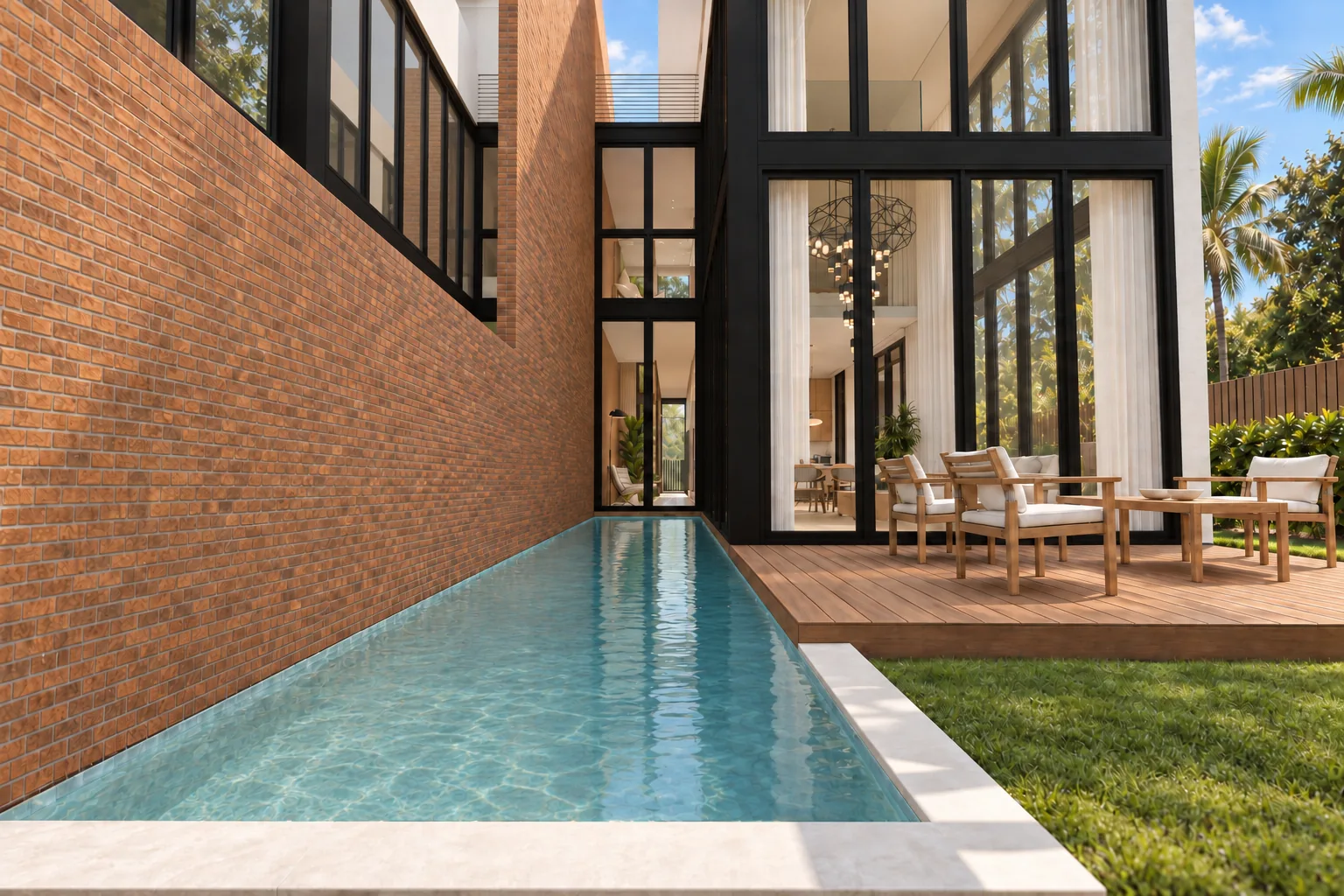 Architectural visualization of Trapp House: Linear pool beside brick and timber deck