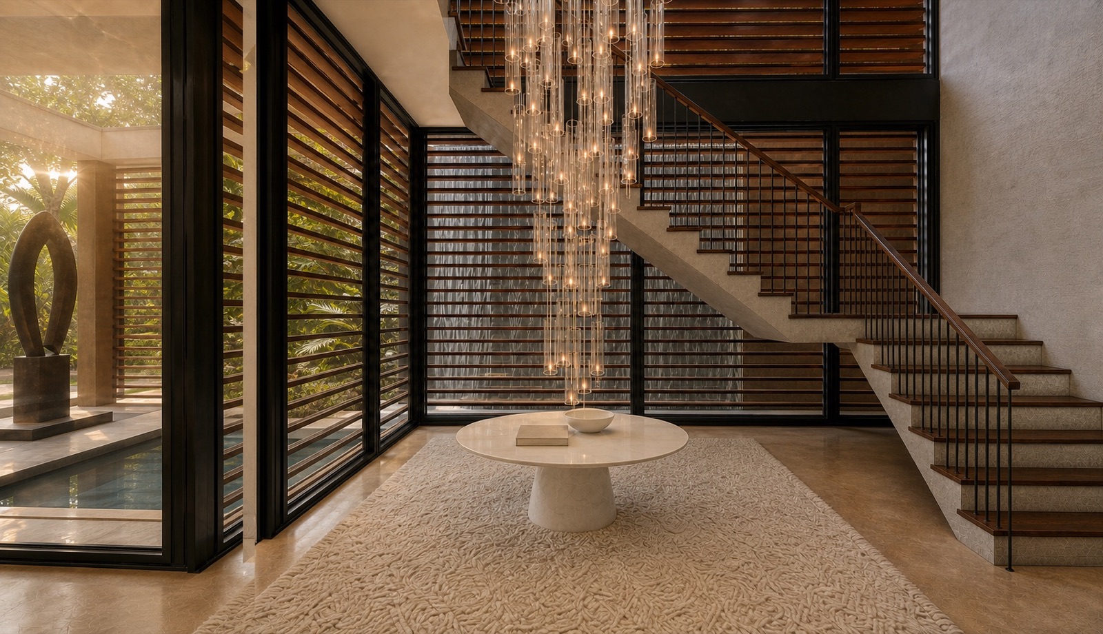 Architectural visualization of the glass stair volume, weathering-steel screens and planting at the Abaco House entry