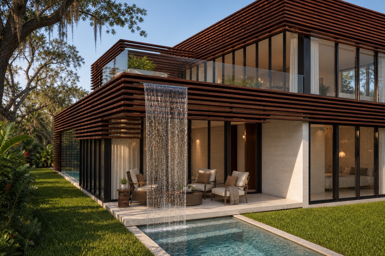 Architectural visualization from the lower garden toward the waterfall and tropical planting at Abaco House