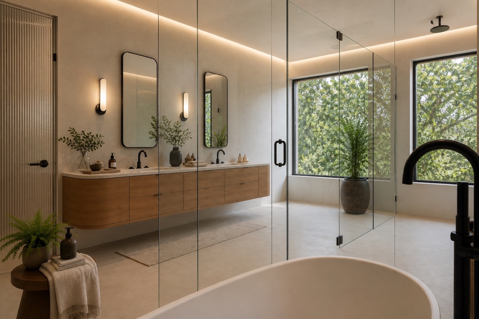Architectural visualization of the Abaco House primary bathroom from the bath toward timber cabinetry and the garden