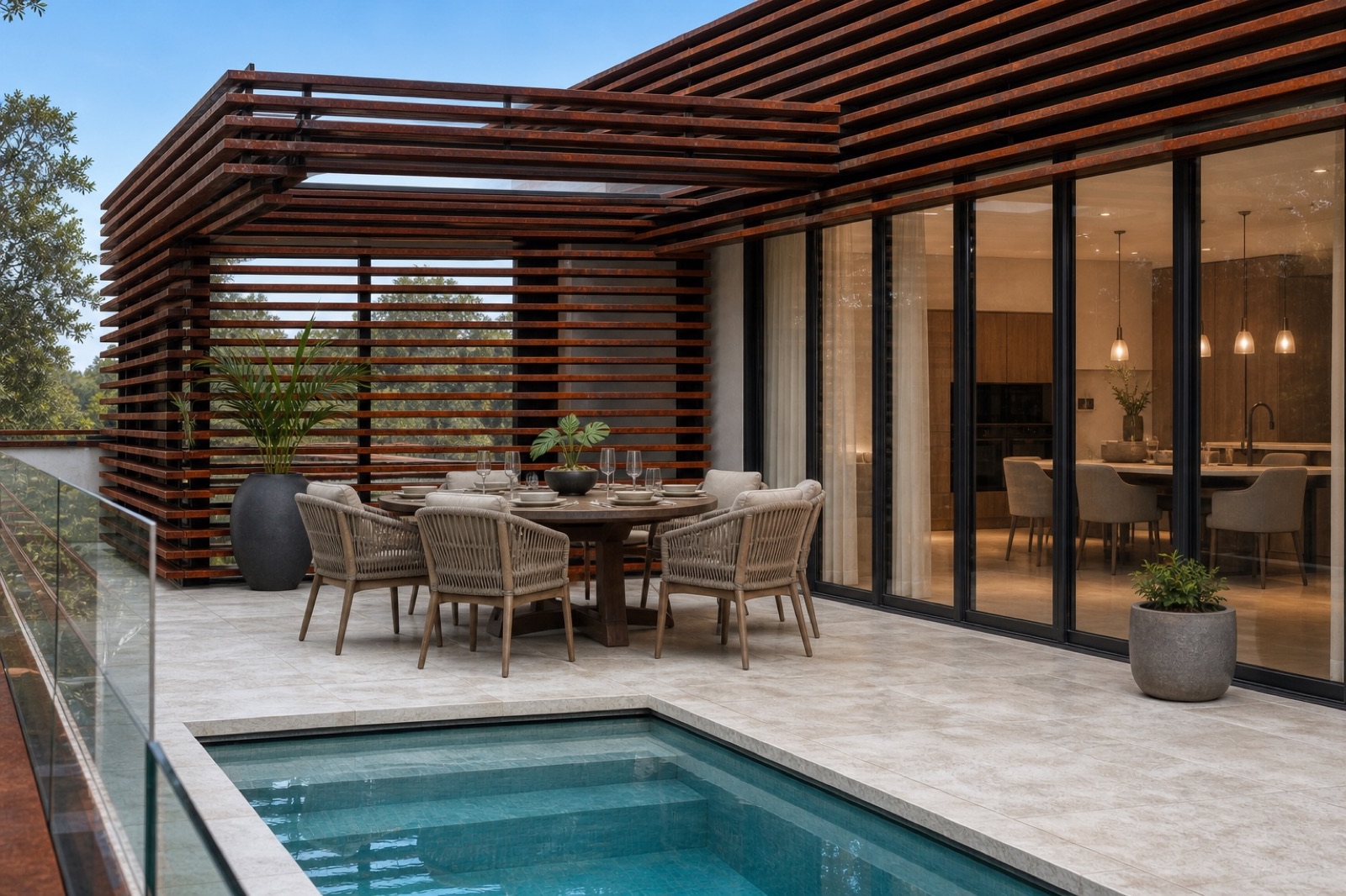Architectural visualization of the outdoor dining area and pool on the upper level of Abaco House
