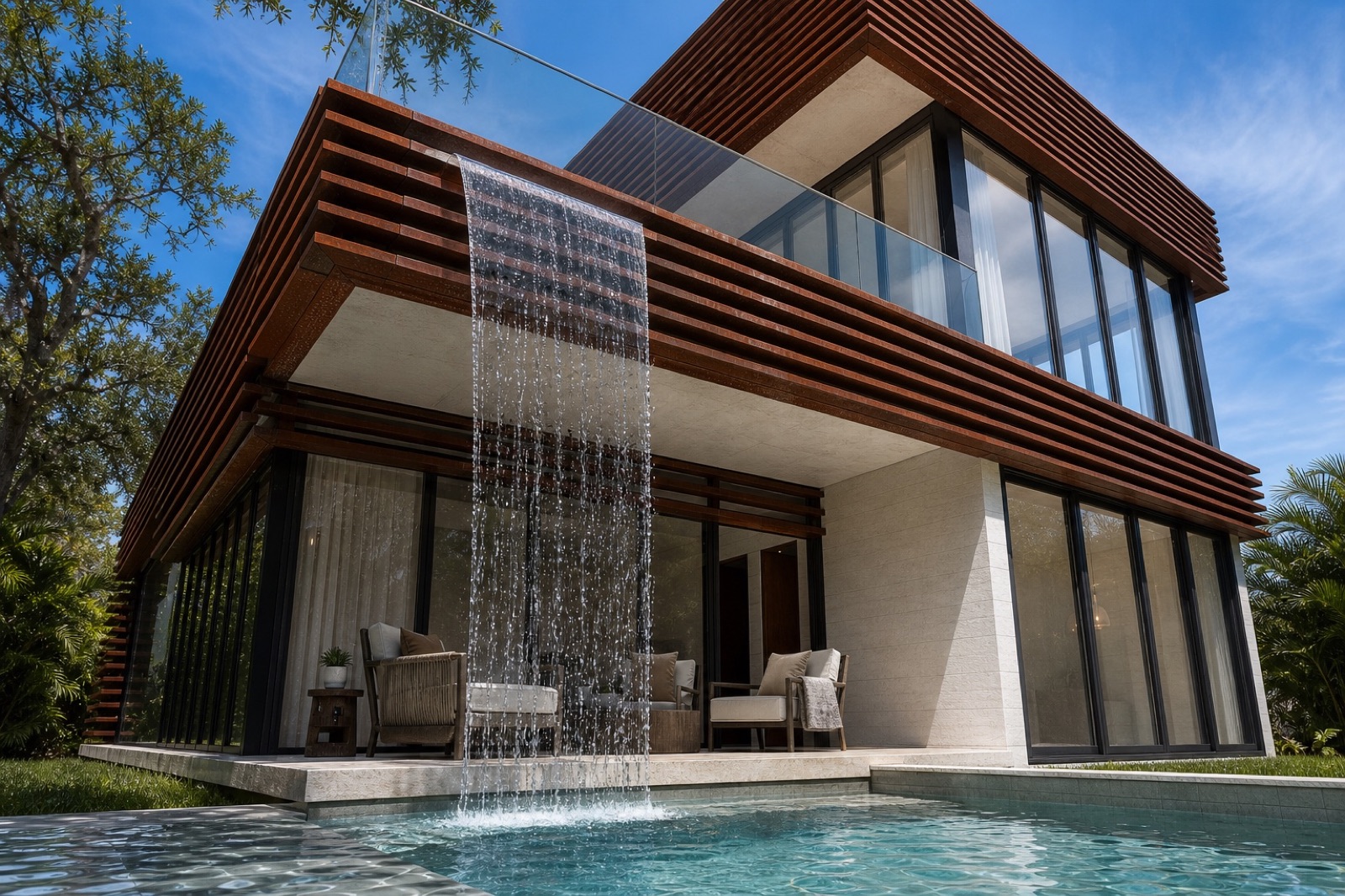 Architectural visualization of the waterfall passing through the Abaco House cantilever