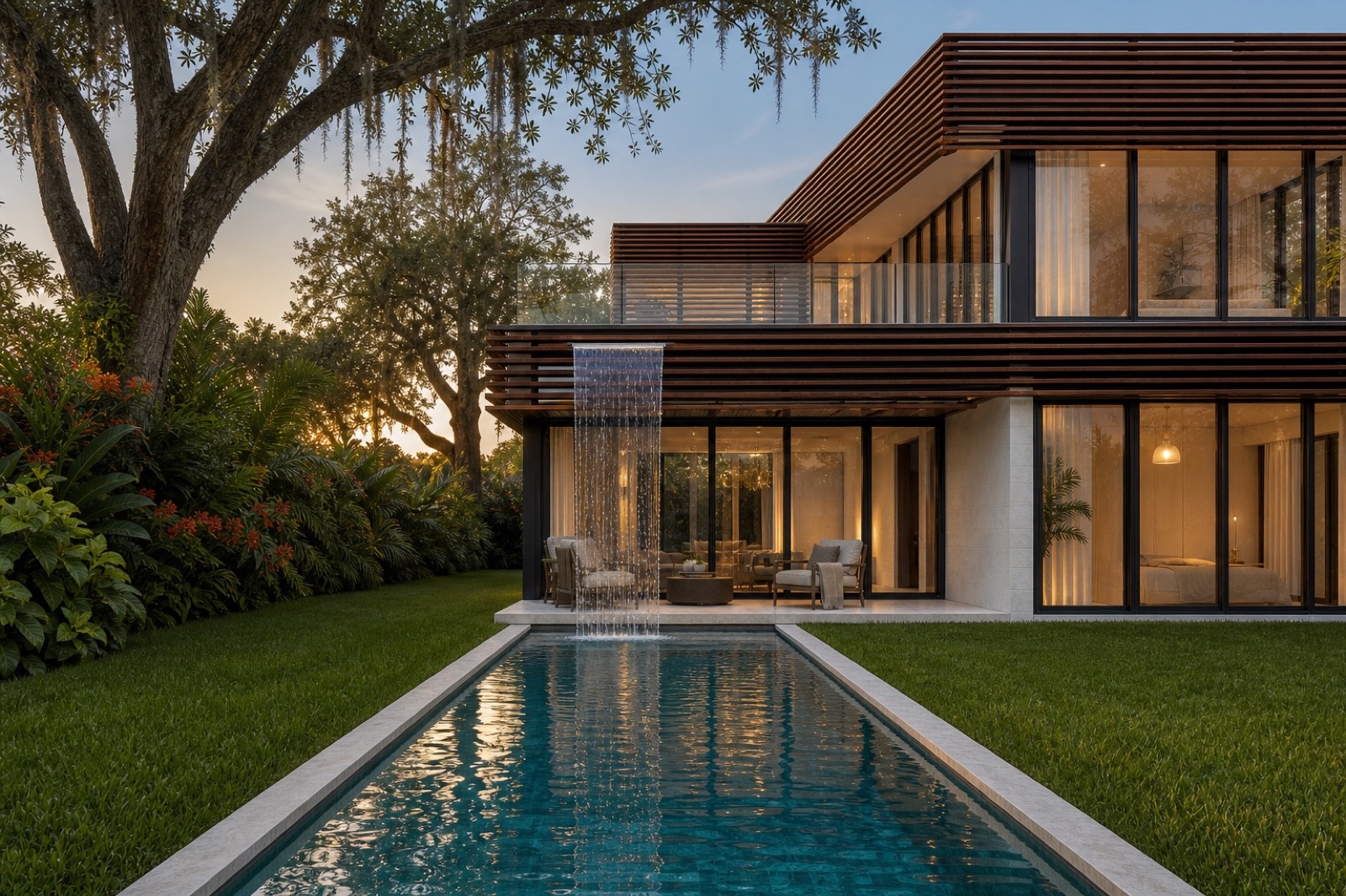 Architectural visualization of Abaco House with an elevated pool and waterfall in a Coconut Grove tropical garden
