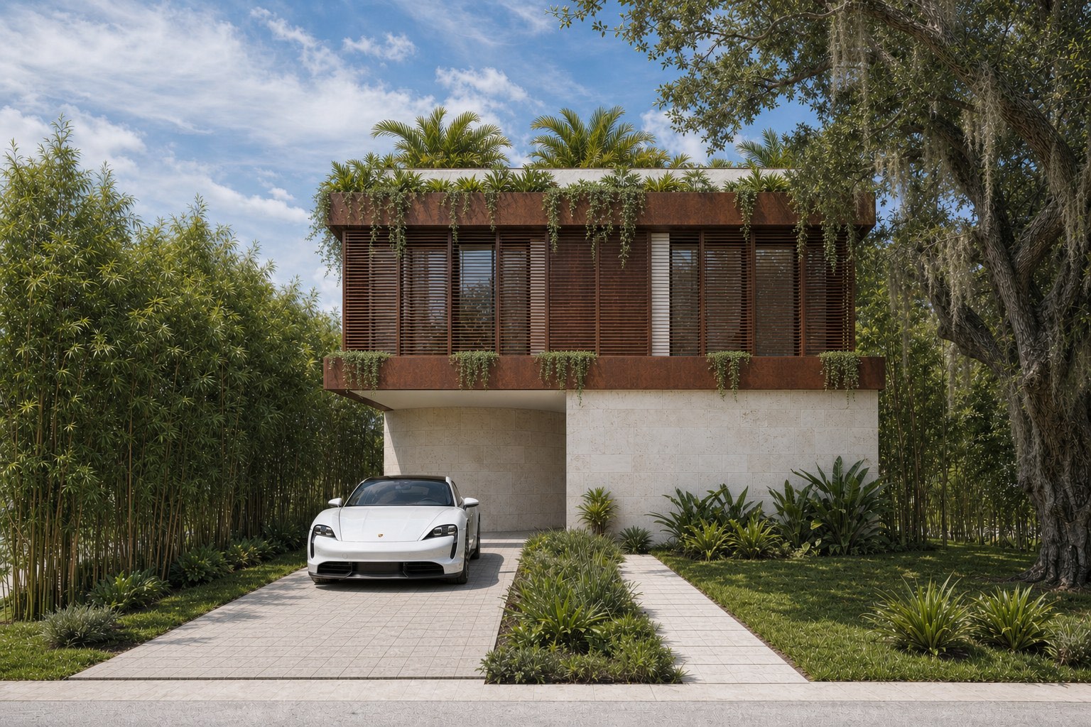 Architectural visualization of the original Elizabeth Street Residence facade with vertical solar-control fins and a protected entry in Miami.