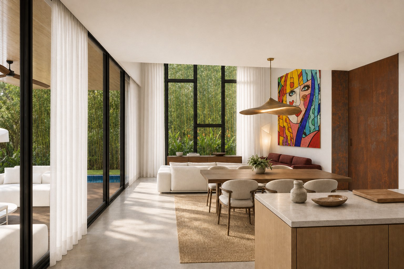 Architectural visualization of the integrated living, dining and kitchen sequence at Elizabeth Street Residence.