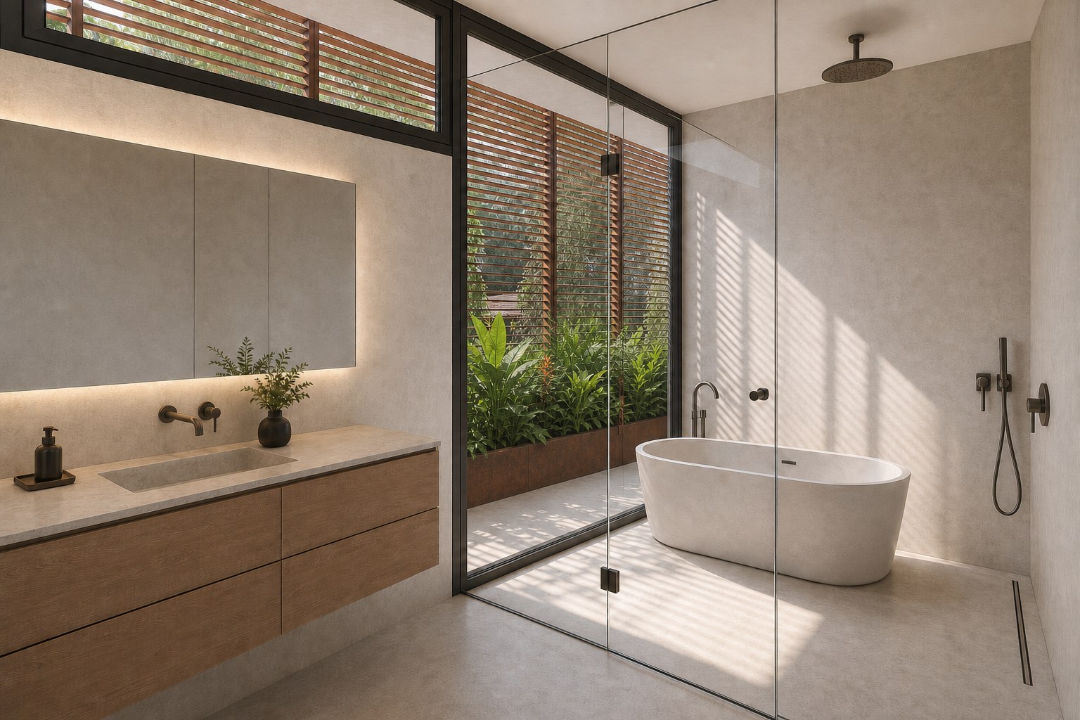 Architectural visualization of the stone and timber primary bathroom at Elizabeth Street Residence