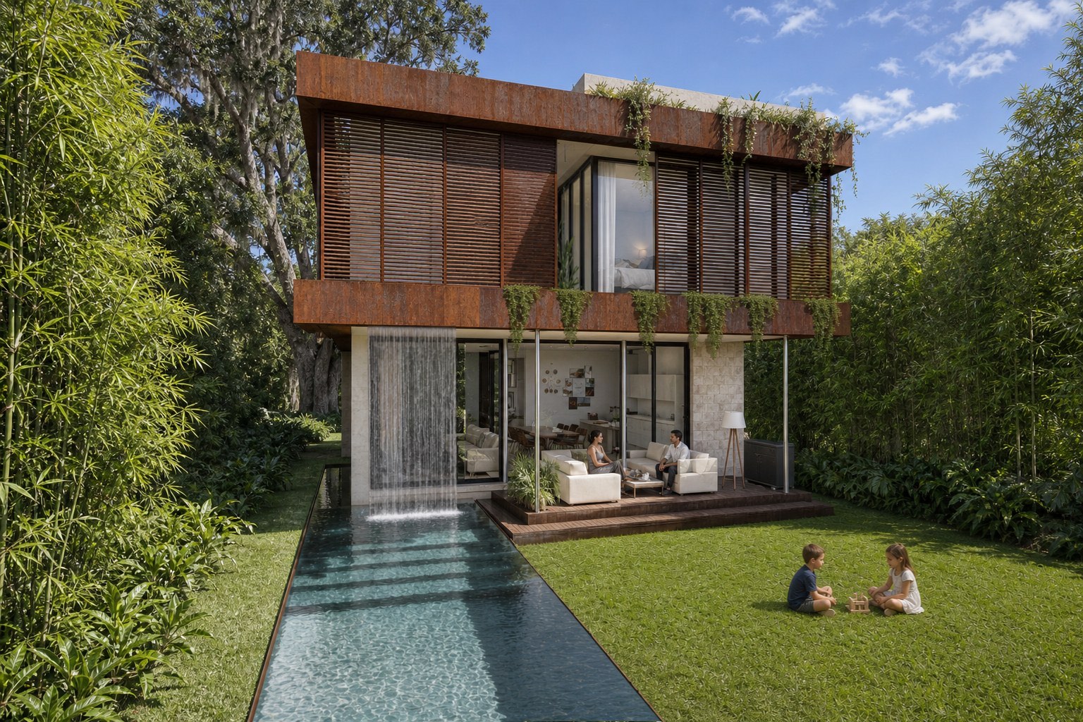 Architectural visualization of the rear pool and garden at Elizabeth Street Residence