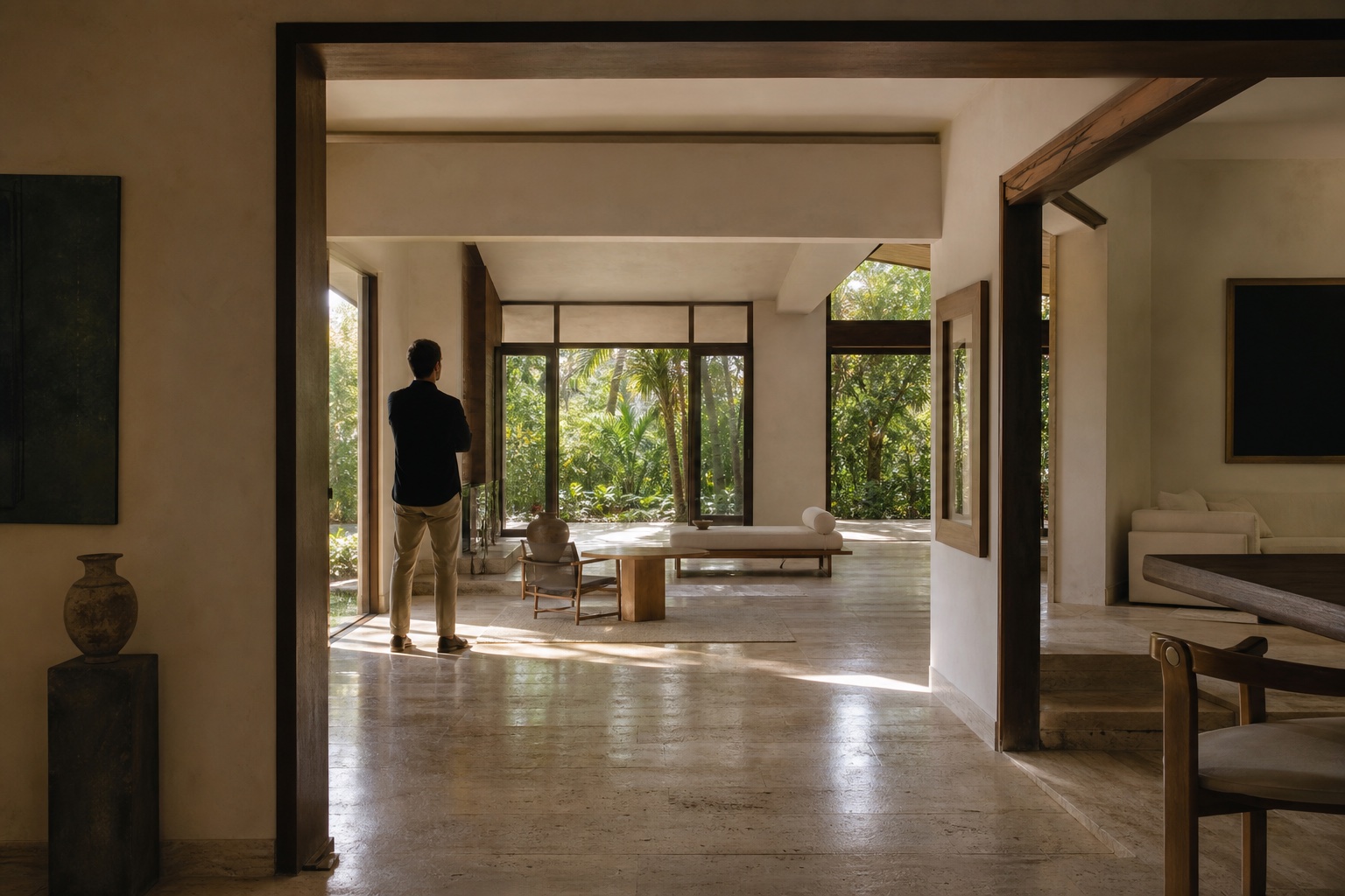 Architect assessing light, proportion, circulation and garden connections inside an existing Miami residence