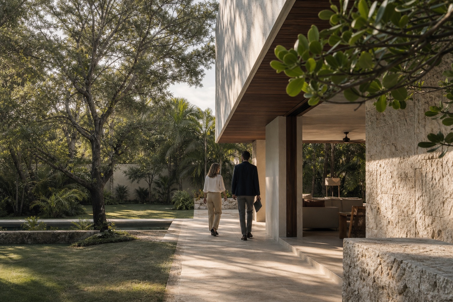 Architectural professionals reviewing the spatial and landscape potential of a tropical modern Miami property